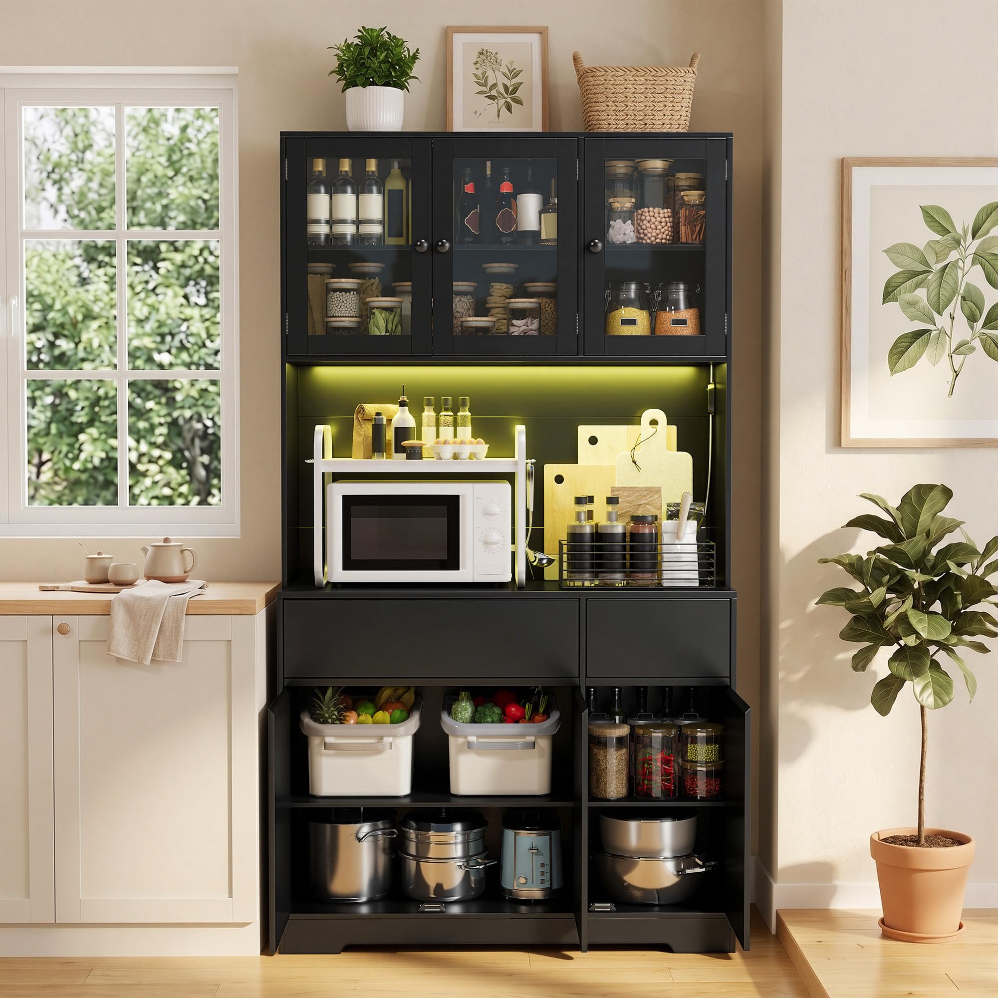 Xbro Armario Cocina Alto con LED y Enchufe, Mueble Auxiliar Cocina con Vitrina 6 Puertas 2 Cajones, Ideal para la Cocina, el Comedor y el salón, 100x38,5x180 cm