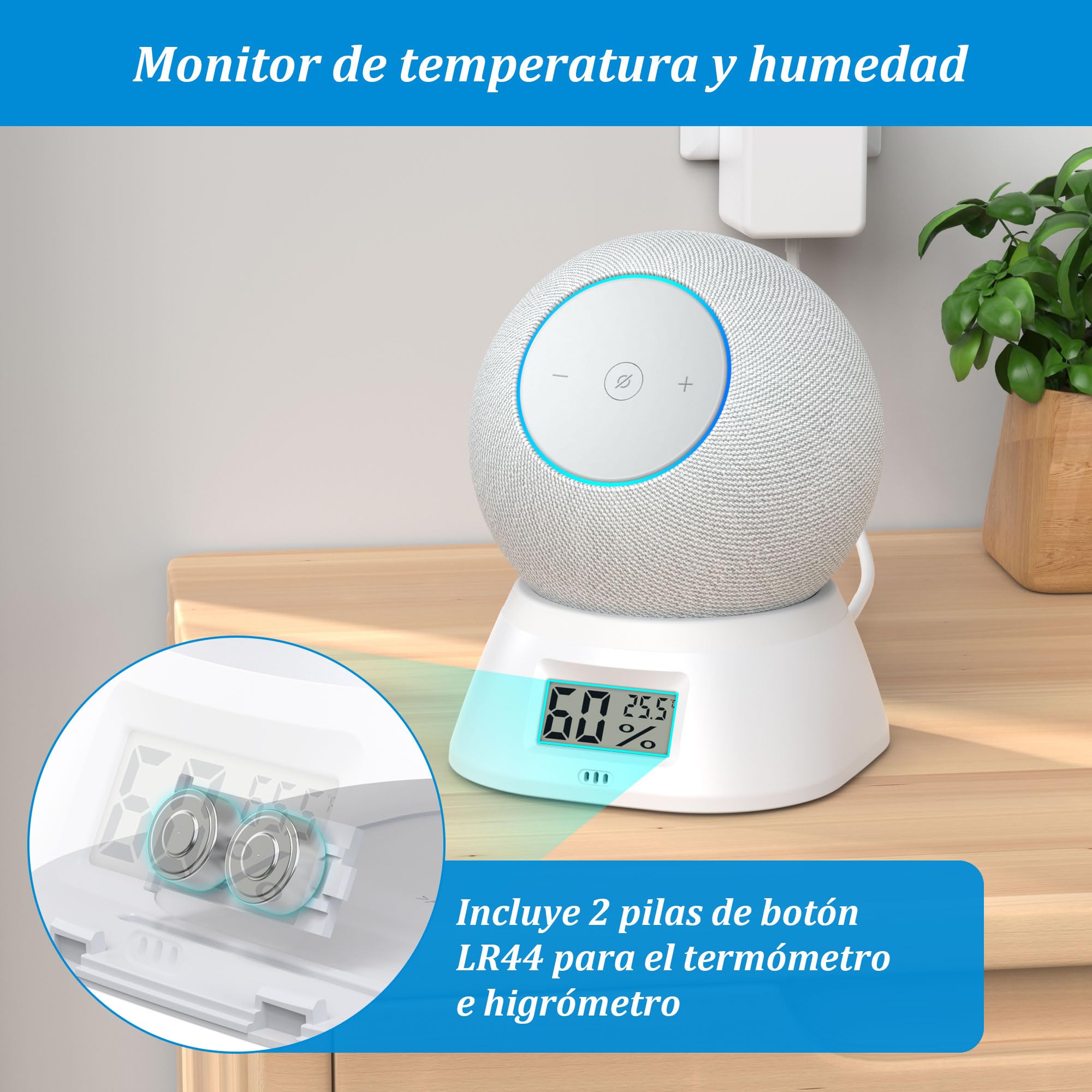 PlusAcc Supporto per Dot Max & Dot & Nest Mini – con termometro e igrometro da tavolo con gestione dei cavi integrata per camera da letto, soggiorno, ufficio (bianco)