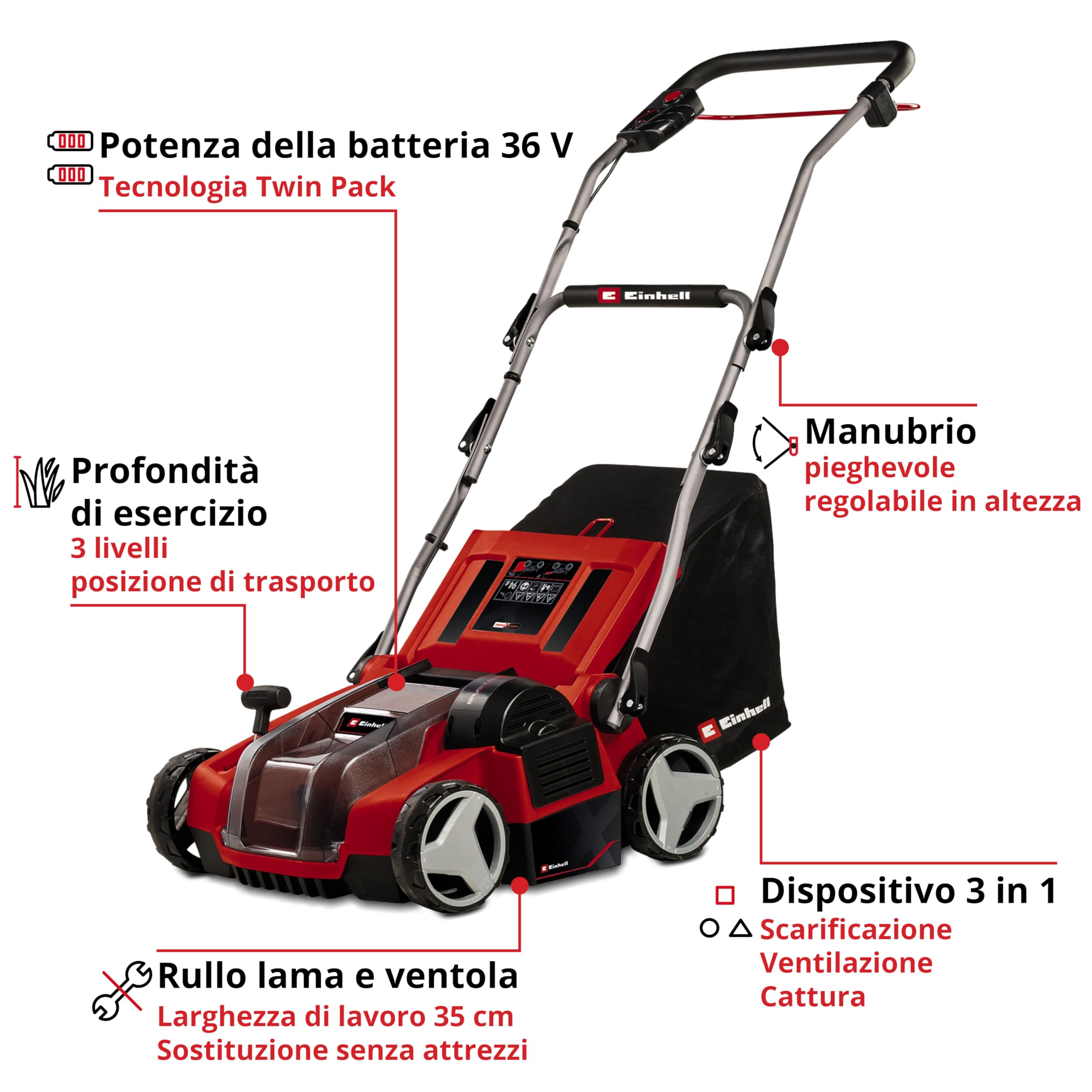 Einhell GE-SA 36/35 Li-Solo Power X-Change Ventilatore a batteria 36V motore brushless rullo 35 cm sacco 28 l