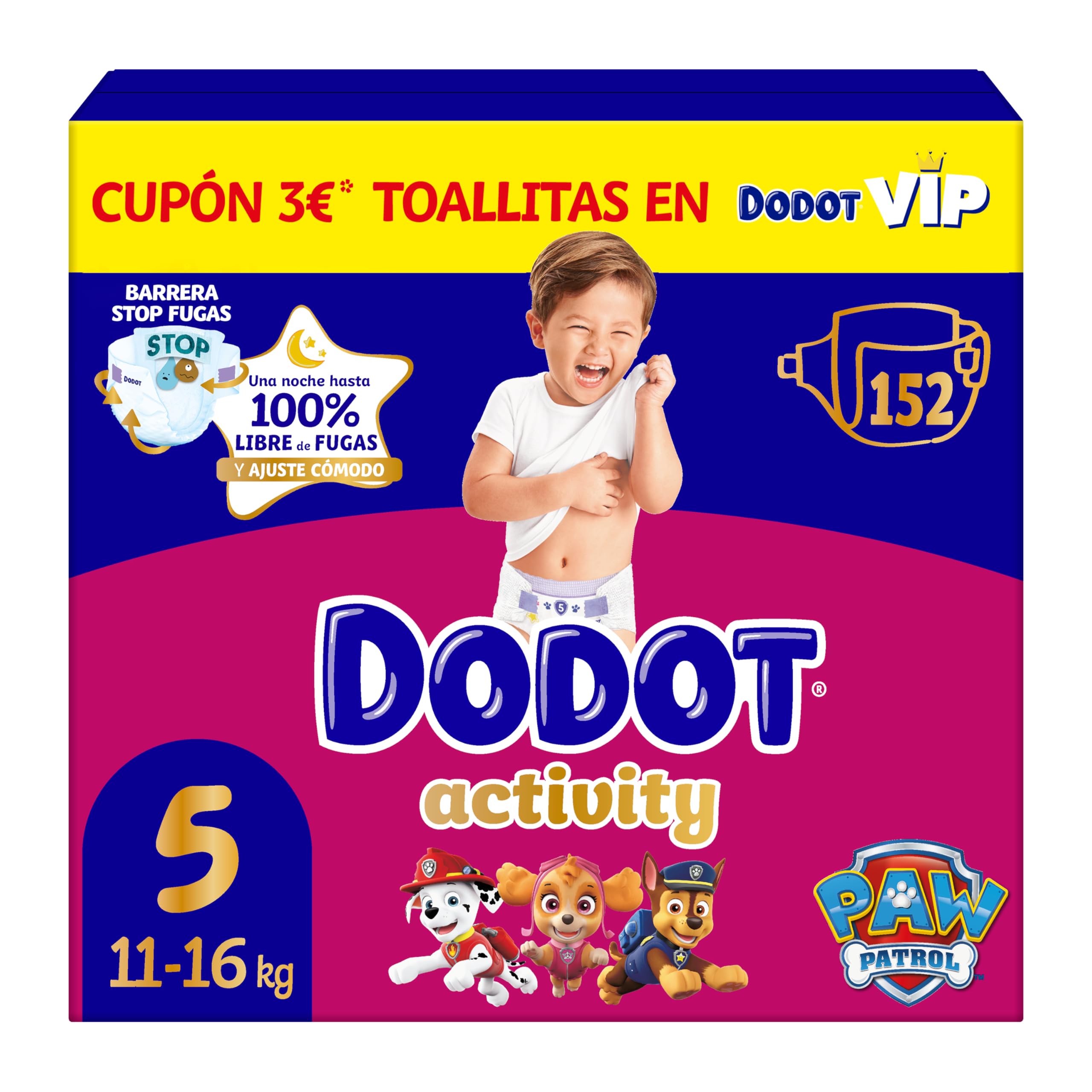 Dodot Pañales Bebé Activity, Talla 5 (11-16 kg), 152 Pañales, Hasta 12h de Protección Antifugas y Ajuste, Pack Mensual