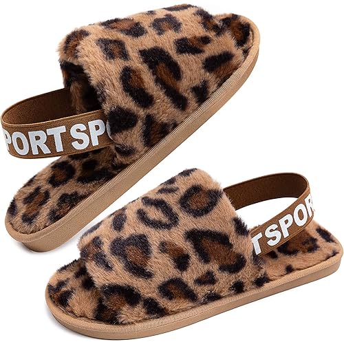Womens Leopard Fuzzy Slippers Soft Plush Open Toe Faux Fur House Slide Sandals Indoor Spa Bedroom Flat Shoes with Elastic Strap