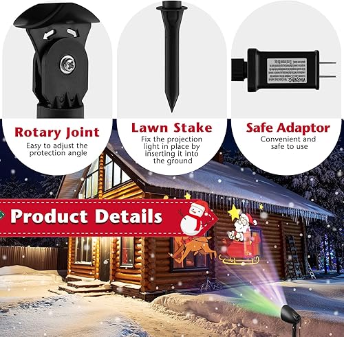 Miniatura 6 de Goplus Proyector de luces de Navidad al aire libre, lámpara de proyección LED de Papá Noel en trineo con ángulo ajustable de 65°, estaca de césped,