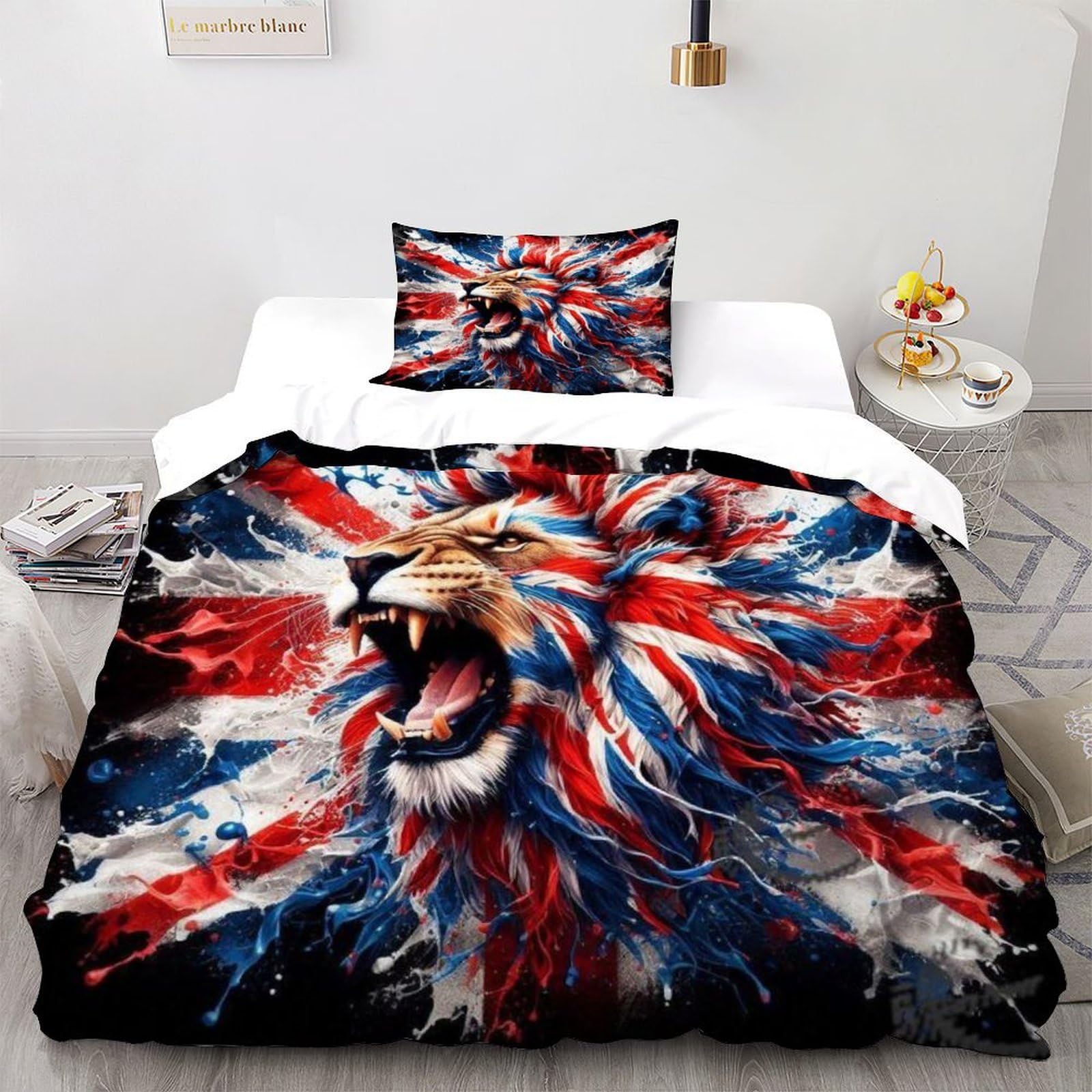 Lion Union Jack Bedding Set Theme Bedspread Animal Theme Wildlife Duvet Cover Set Chic Breathable Quilt Cover Universal for All Seasons Pillowcase Single（135x200cm）