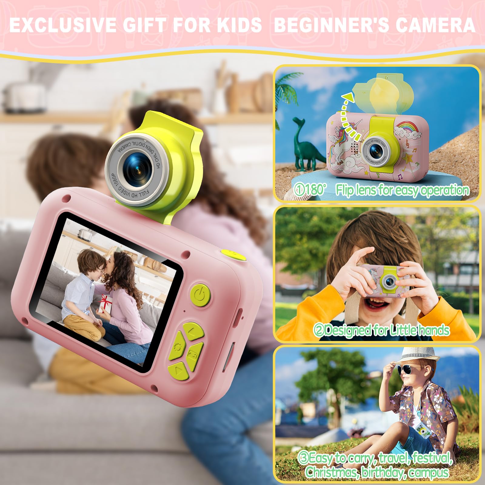 ARNSSIEN Giocattoli fotocamera bambini 3 4 5 6 7 8 9 10 11 12 anni ragazze/ragazzi, Macchina Fotografica Digitale, Regali bambini Natale e compleanni,Fotocamera selfie per bambini con scheda da 32 GB