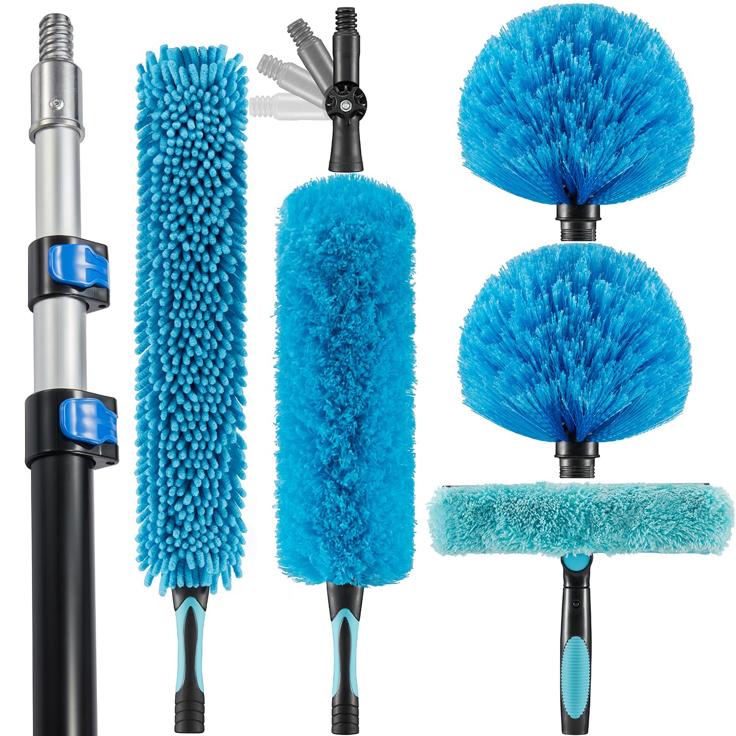 Grehge ing Fan Duster with 5-12 Foot Extension Pole, Extendable Reusable Cobweb, Feather, Window Cleaning Squeegee Kit