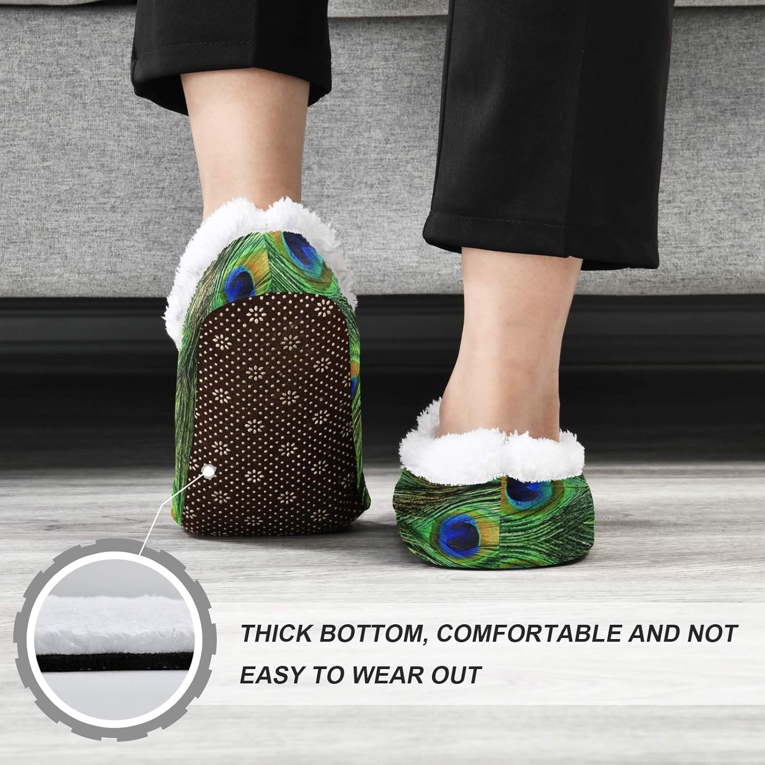 Naanle Peacock Feather Women's Closed Back House Slippers - Memory Foam Comfy Indoor Outdoor Bedroom Shoes With Anti-Slip Rubber Sole - Fuzzy Fleece Warm Home Footwear - Image 5