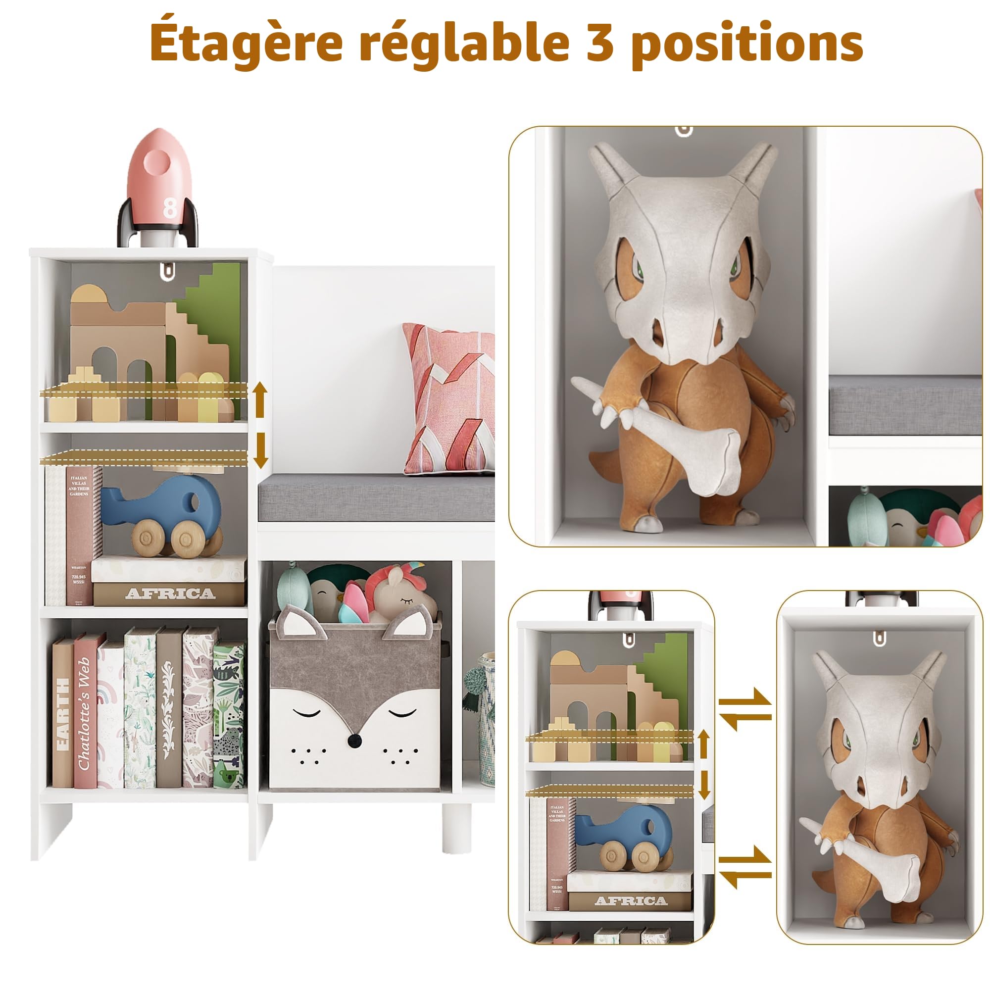 HOCSOK Bibliothèque Banc, Etagère pour Enfants avec 6 Compartiments de Rangement, Bibliothèque Enfant, Blanc, 80.5×40×110 cm
