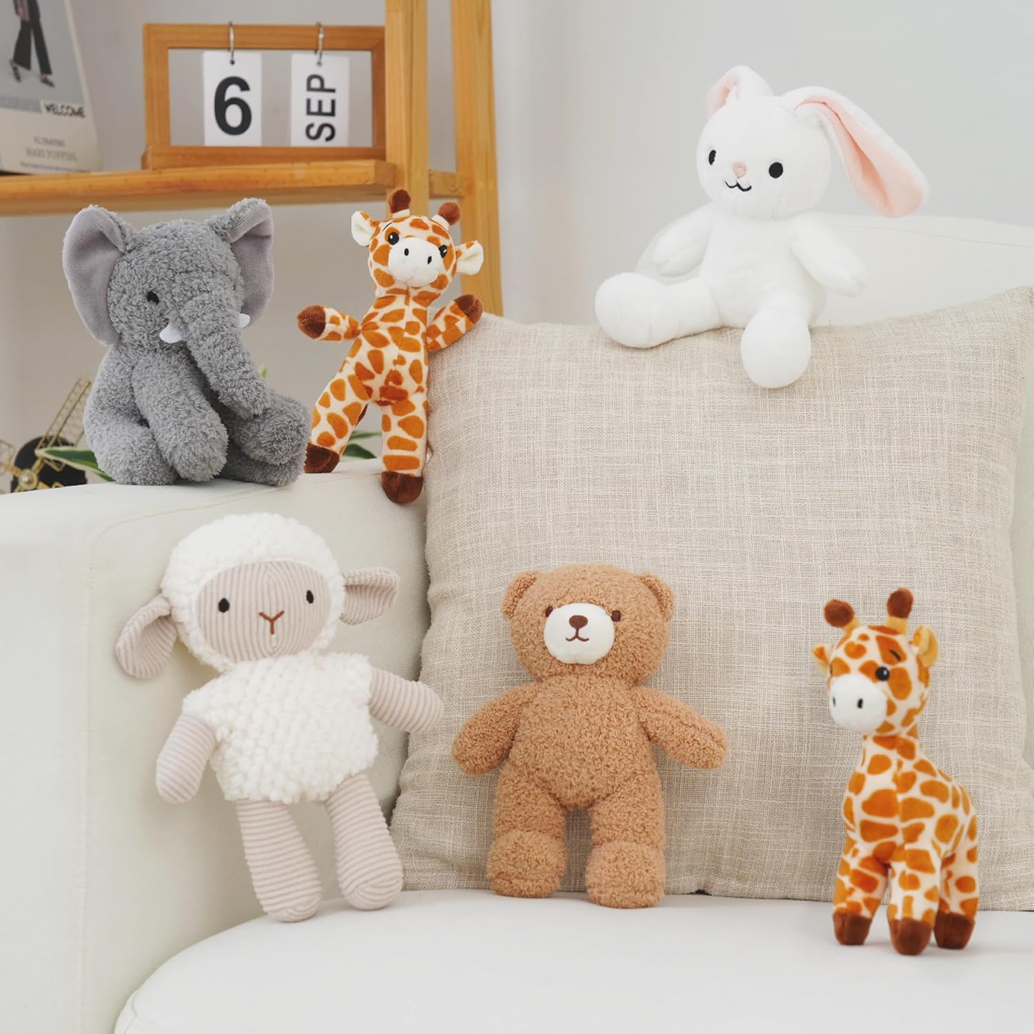 6 Pcs Stuffed Animals Bulk, 8 Inch Small Stuffed Safari Animals, Zoo Stuffed Animals Set (Sheep Elephants Bear Giraffe Bunny) Baby Shower Party Decor, Easter Gift for Classroom Kids, Girls