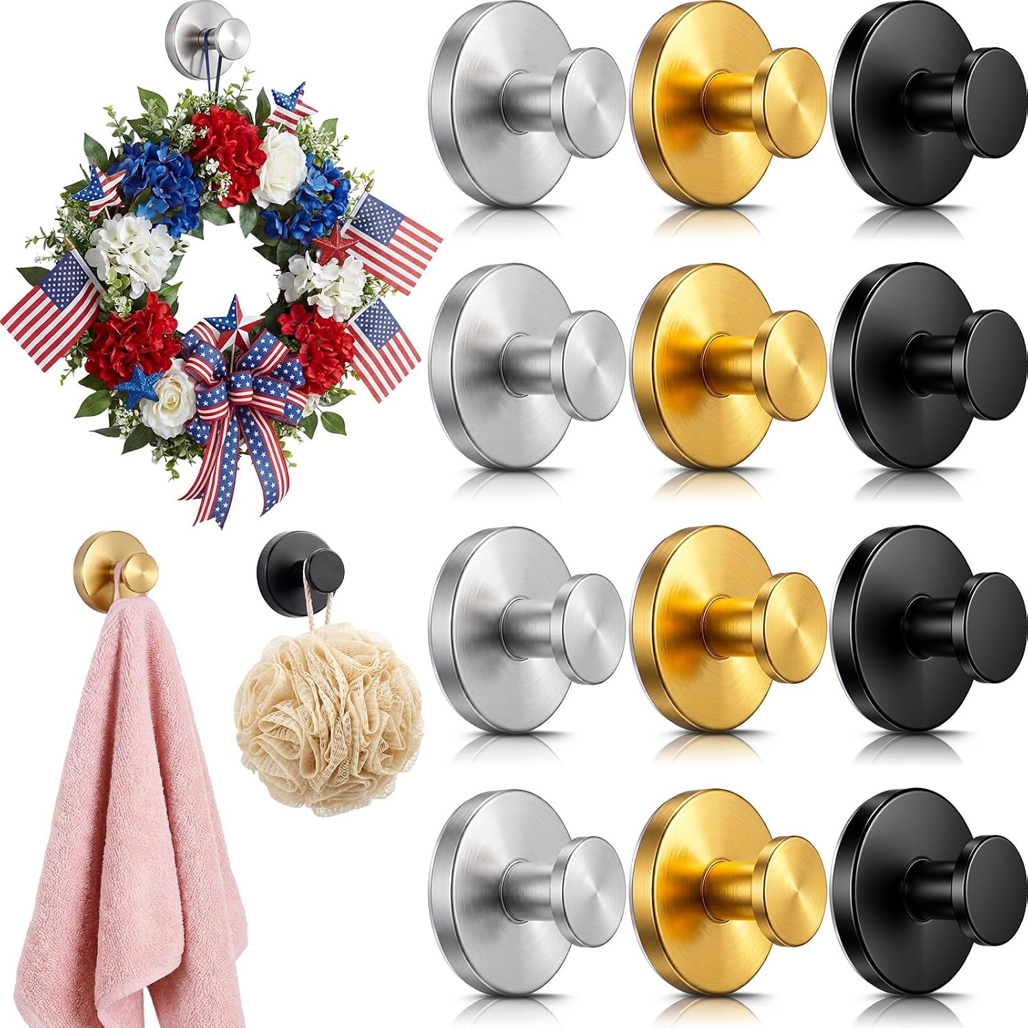 Sliner 12 Pack Suction Cup Hooks for 250th Anniversary Decorations, Wreath Hangers for Front Door, Heavy Duty Removable Wreath Hanger for Glass Window Door, Patriotic Decor (Black Gold Silver)
