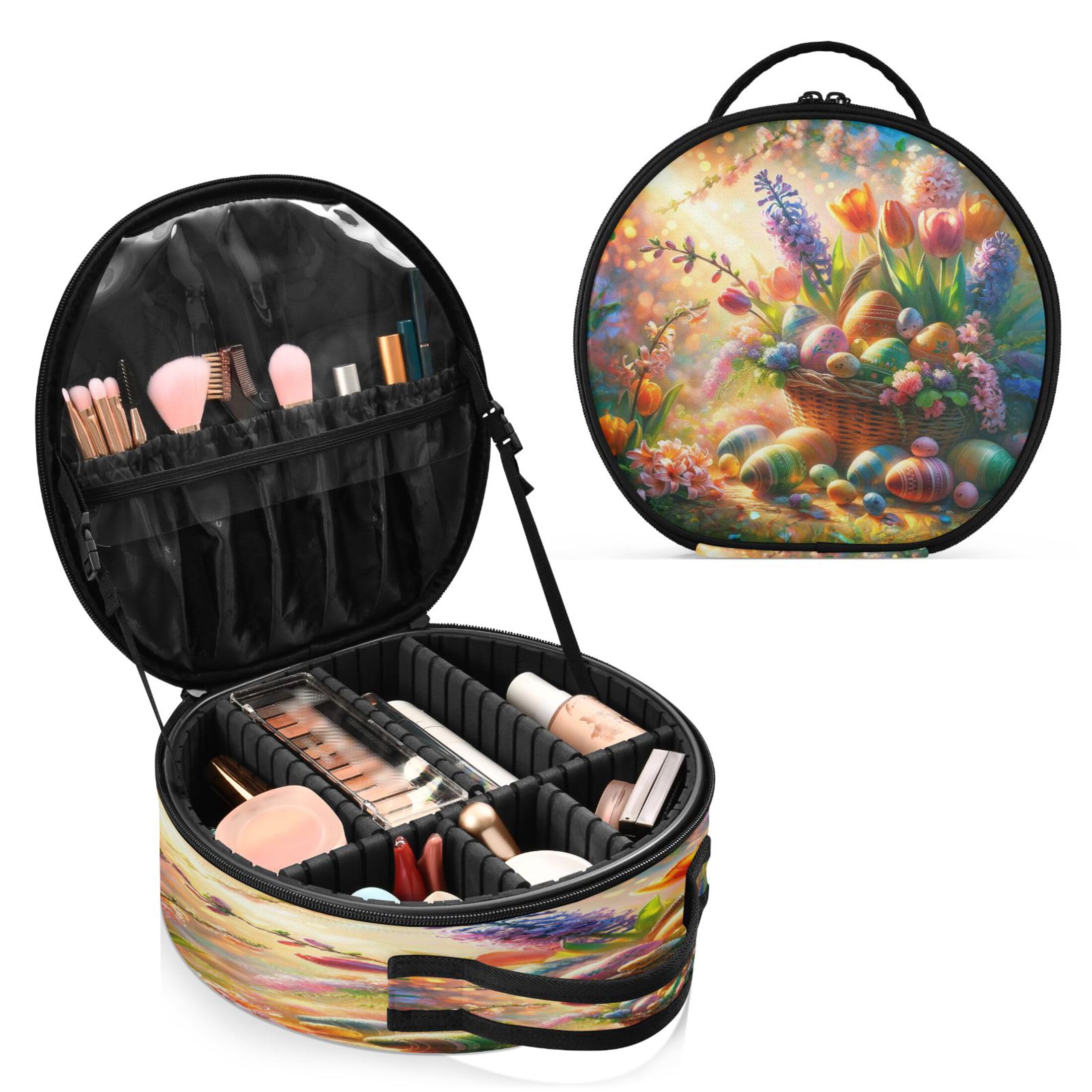 Takiito Easter Eggs Tulips Travel Makeup Case Portable Makeup Box Artist Cosmetic Case Organizer With Adjustable Dividers