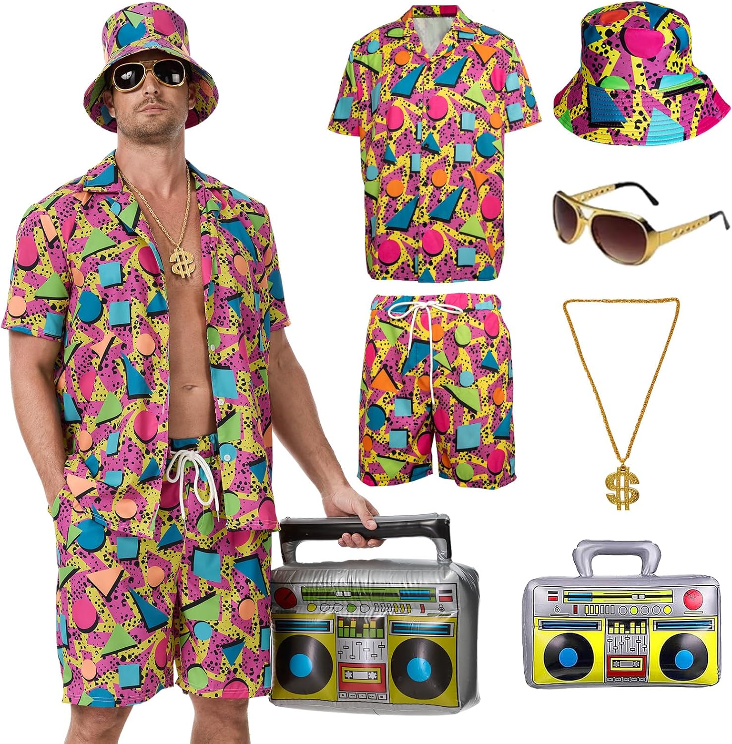 80s 90s Outfit for Men, Hawaiian Vintage Shirt &Shorts Set, Hip-Hop Costume for Halloween Disco Retro Theme Party