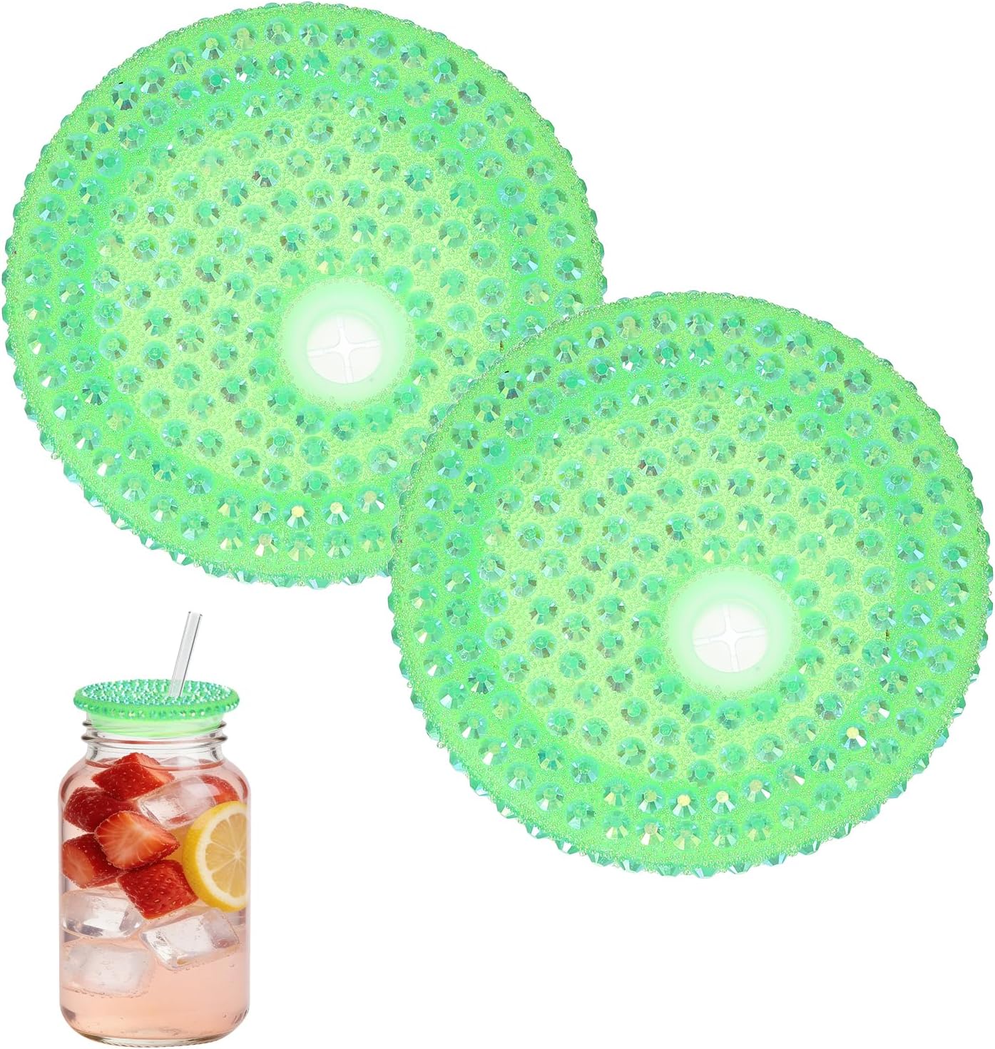 uxcell 2Pcs Acrylic Lids for 16 oz Glass, Reusable Plastic Tumbler Replacement Lids Rhinestone Canning Caps with Hole for Beer Can Drinking Glasses Tumblers, Dark Green Iridescent
