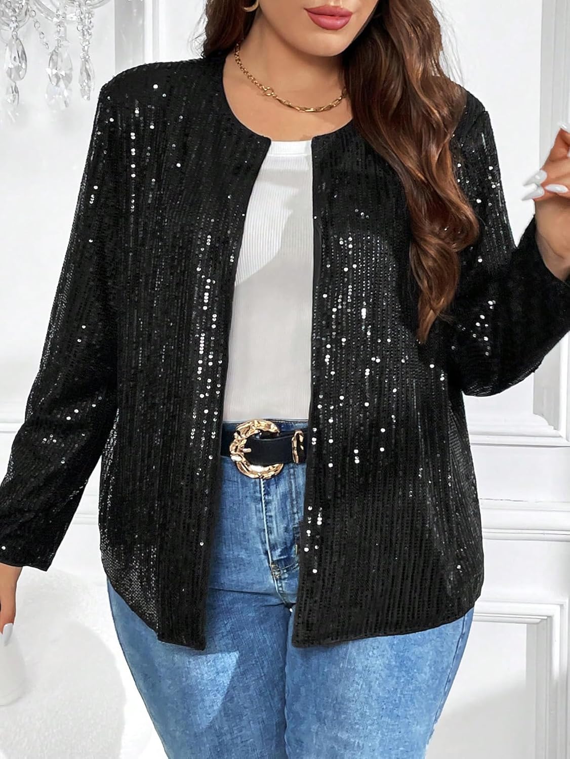 Floerns Women's Contrast Sequin Shiny Long Sleeve Open Front Party Jacket - Image 3