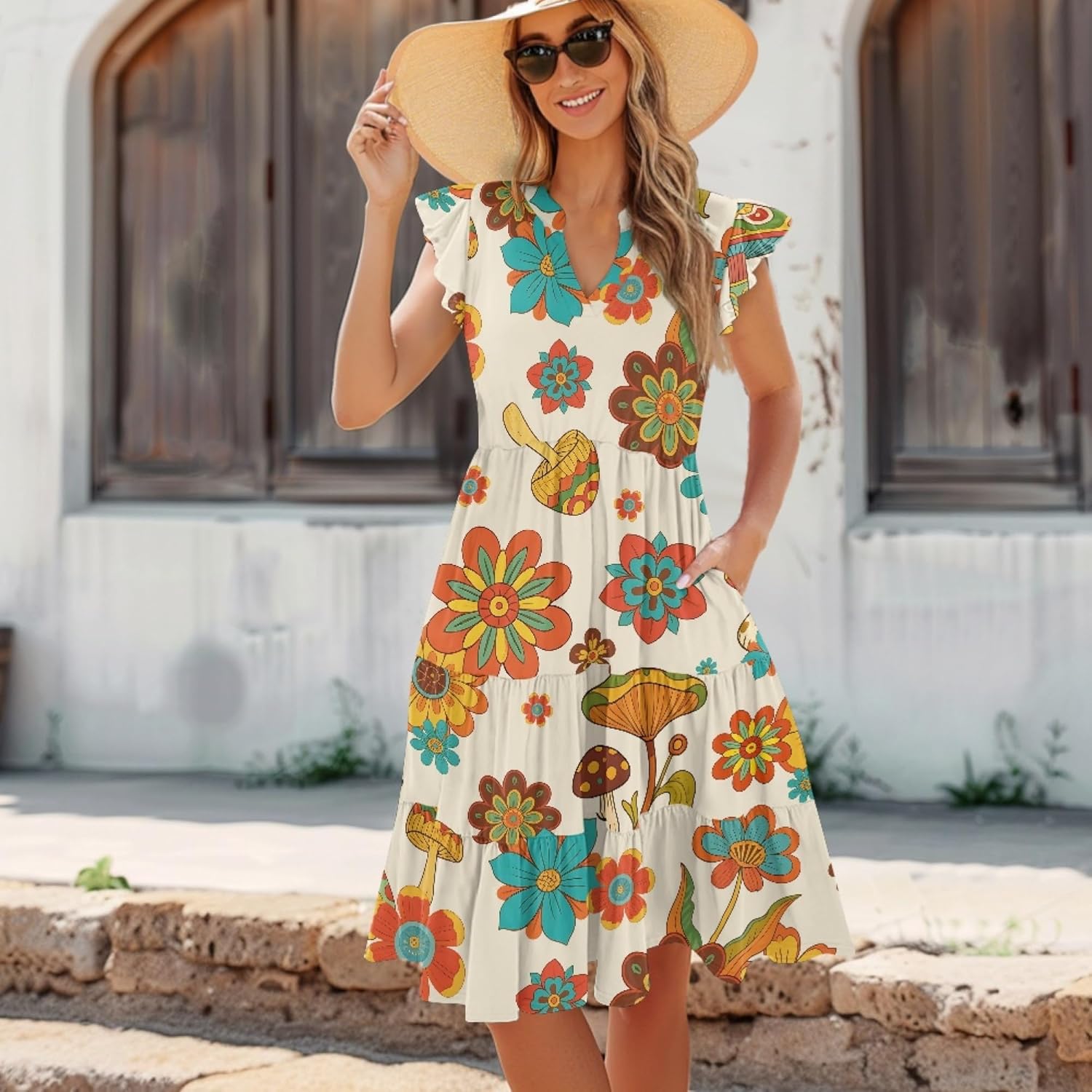 Pinupub Summer Swing Midi Dresses for Women Elegant Flowy V Neck Flutter Sleeve Tiered Dress Casual Party Sundress