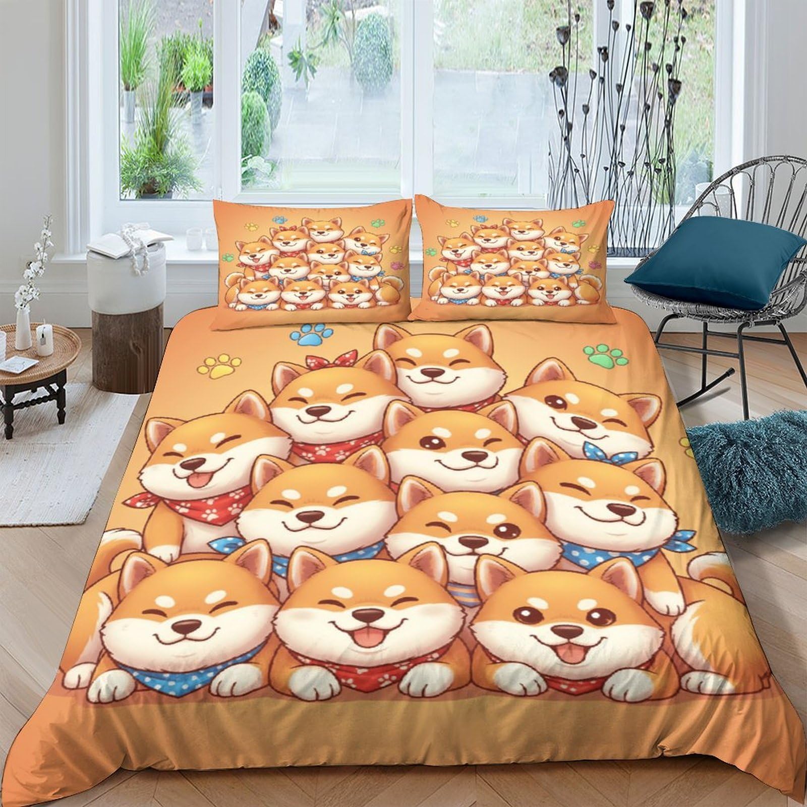 Ctjqhvkz Style-3 3D Printed Shiba Inu Cartoon Fitted Sheet Microfiber Soft Orange Dog Bed Cover For Bedroom Dorm Mattress Decor Single（135X200cm）