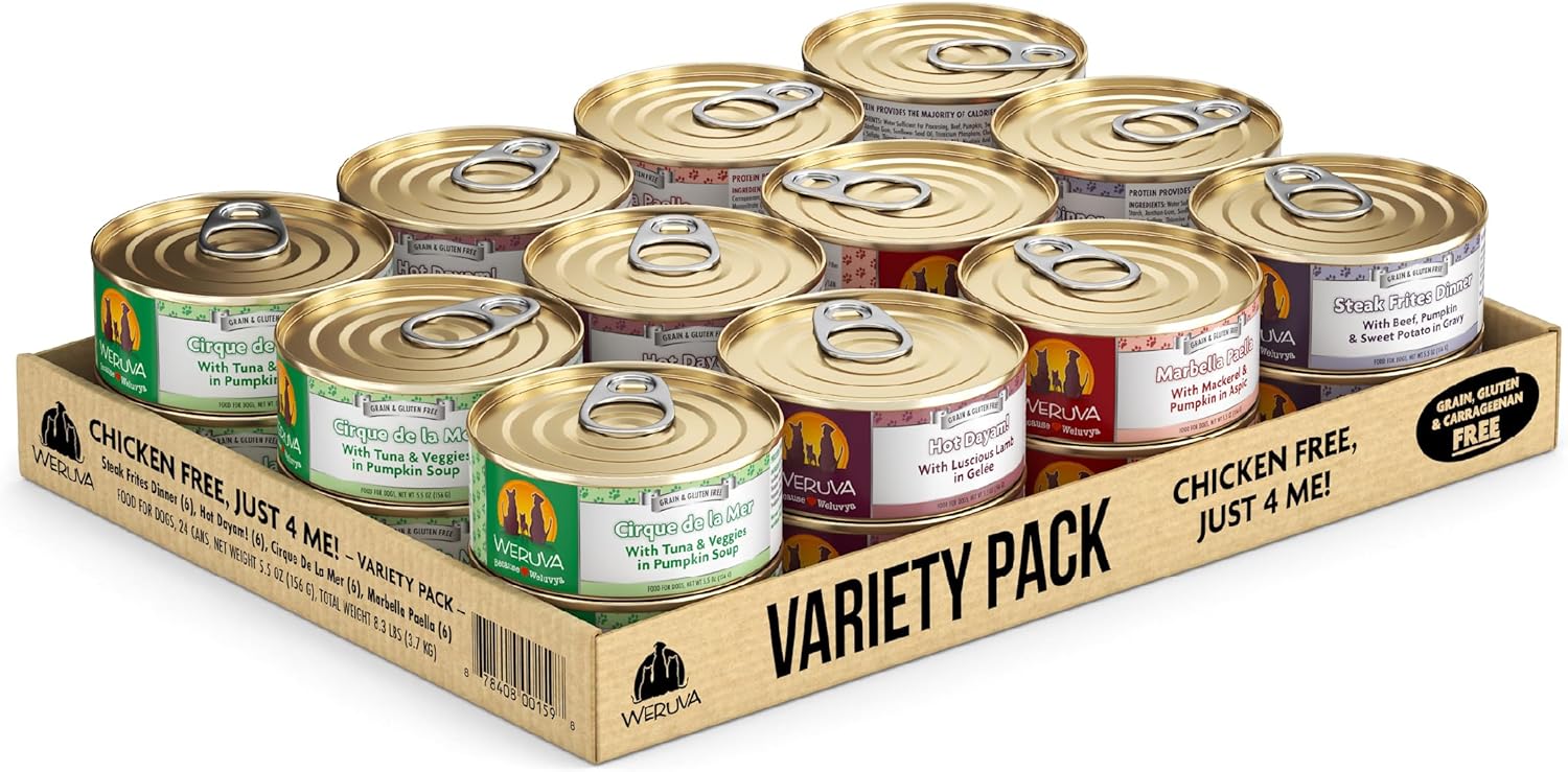 Weruva Classic Dog Food, Variety Pack, Chicken Free, Just 4 Me, Wet Dog Food, 5.5oz Cans (Pack of 24)
