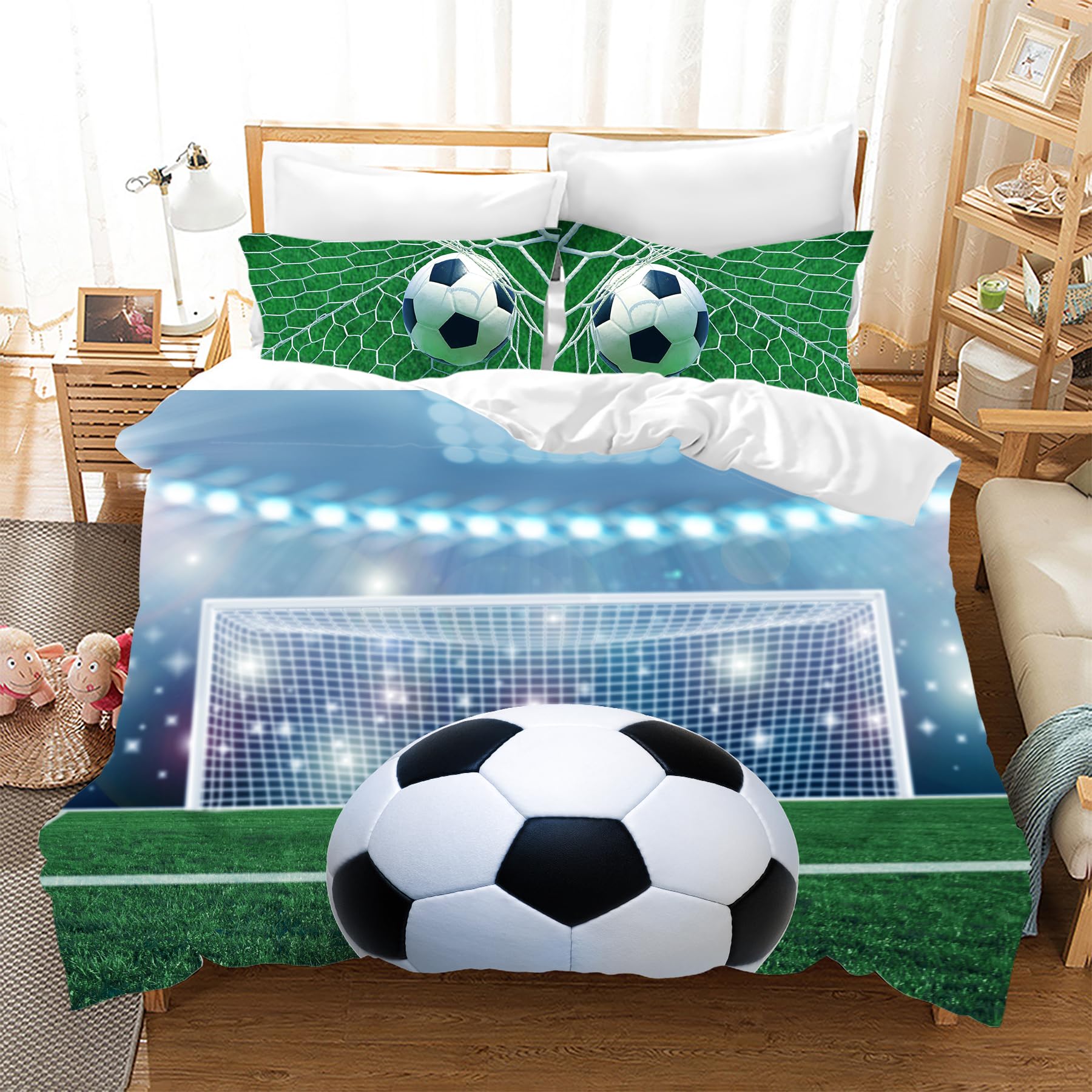 Copripiumino da Calcio 135×200 cm,Biancheria da Letto con Stampa Calcio per Bambini,Copripiumino con Stampa Calcio 3D + 2 Federe 50 x 75 cm(Football 3)