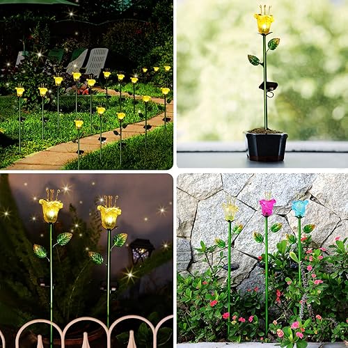 Miniatura 5 de Luces solares de estaca de flores, paquete de 2 estacas de metal alimentadas por energía solar, flor de lirio de vidrio amarillo, luces LED de