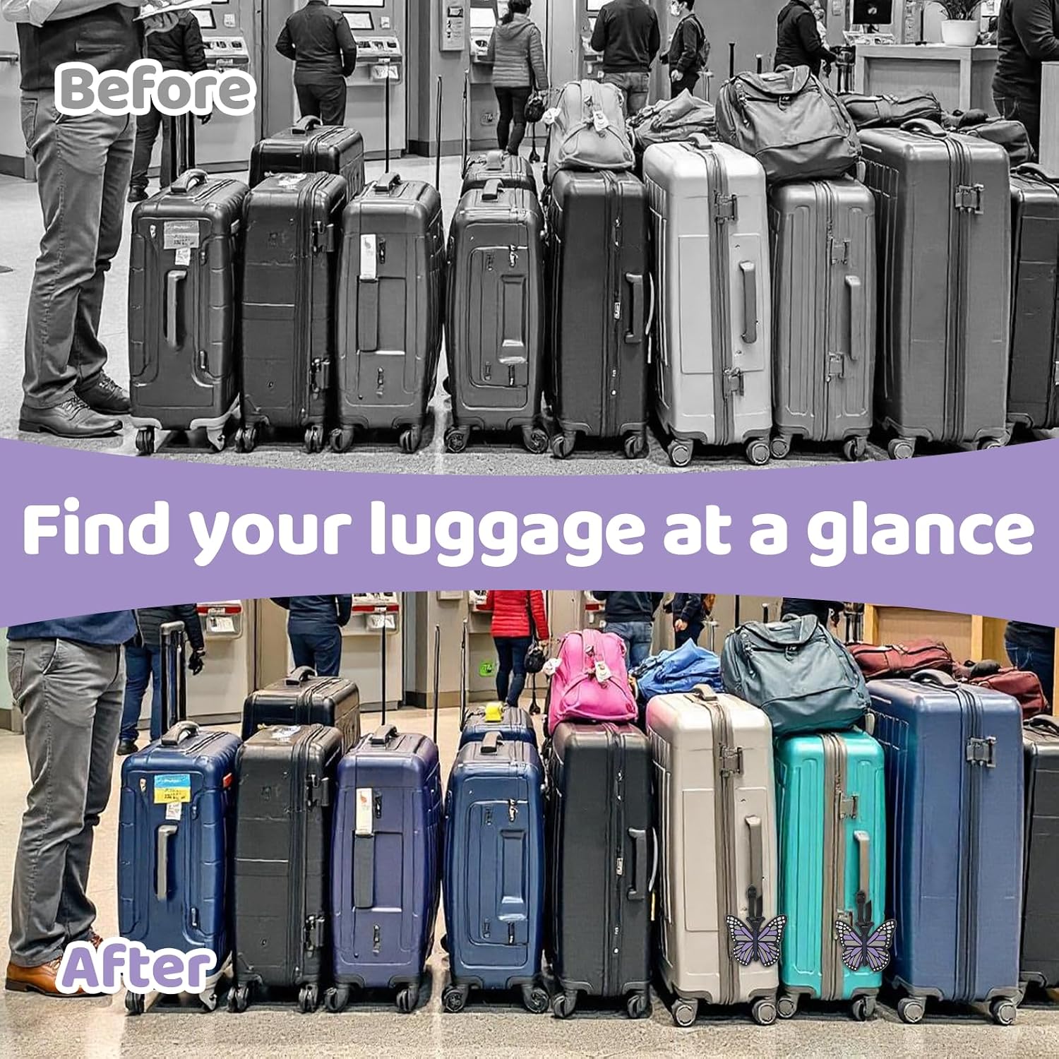2PCS Silicone Butterfly Luggage Tags, Silicone Luggage Tags Cute Suitcase Identifiers Personalized Travel Suitcase Labels with Adjustable Straps, Purple