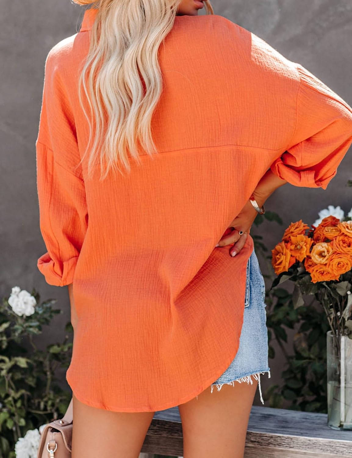 Women's Loose Solid Cotton Blouse Drop Shoulder Button Up Shirt Orange Tops(0028-Orange-XL)