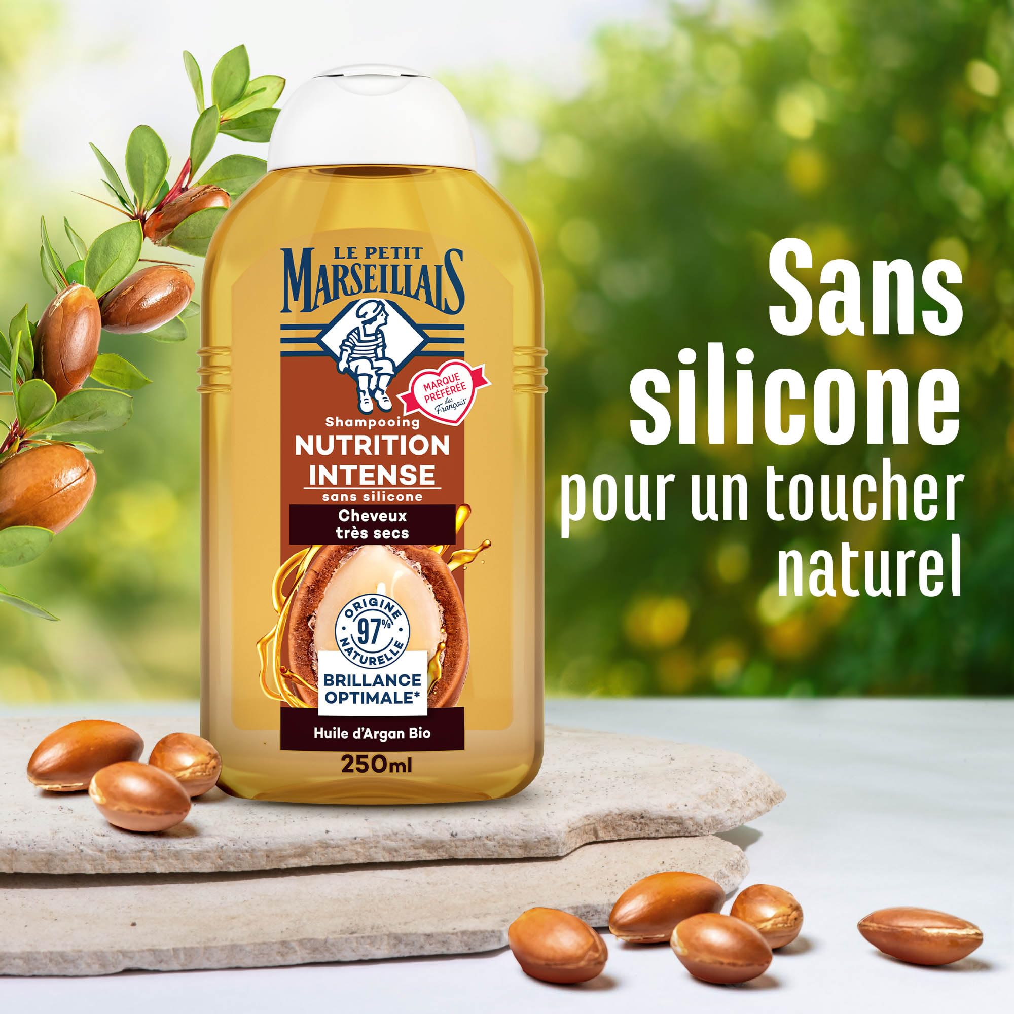 Le Petit Marseillais , Shampooing Nutrition Intense Huile d'Argan Bio (flacon de 250 ml) – Shampoing sans silicone pour cheveux très secs – 97 % d'ingrédients d'origine naturelle