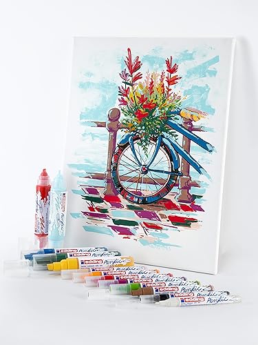 Miniatura 7 de Edding Creative Set - Bolígrafos acrílicos (finos, medianos, anchos), impermeables, incluye almohadilla de arte, 12 marcadores de pintura básicos