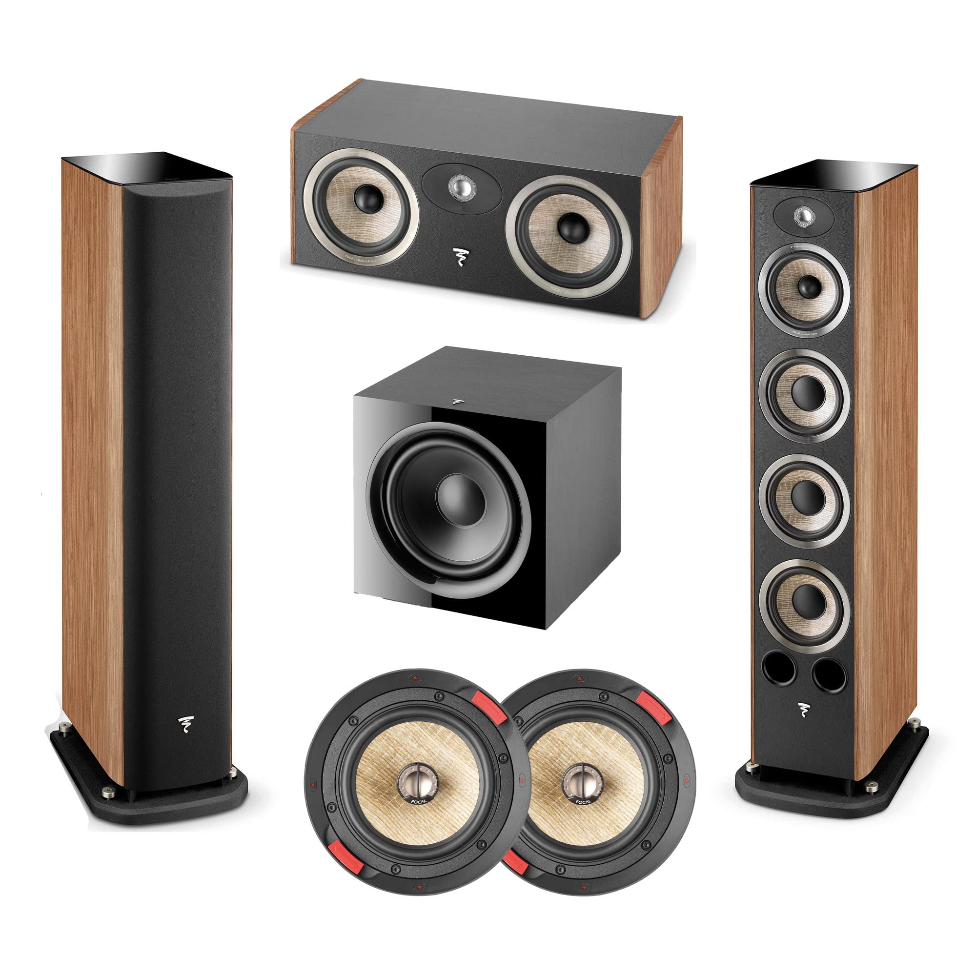 Focal ARIA 926 Walnut Tower Speaker Pair, CC900 Walnut Center Speaker, F300ICW6 in-Wall/in-Ceiling Loudspeaker Pair, and 600 Watt Subwoofer