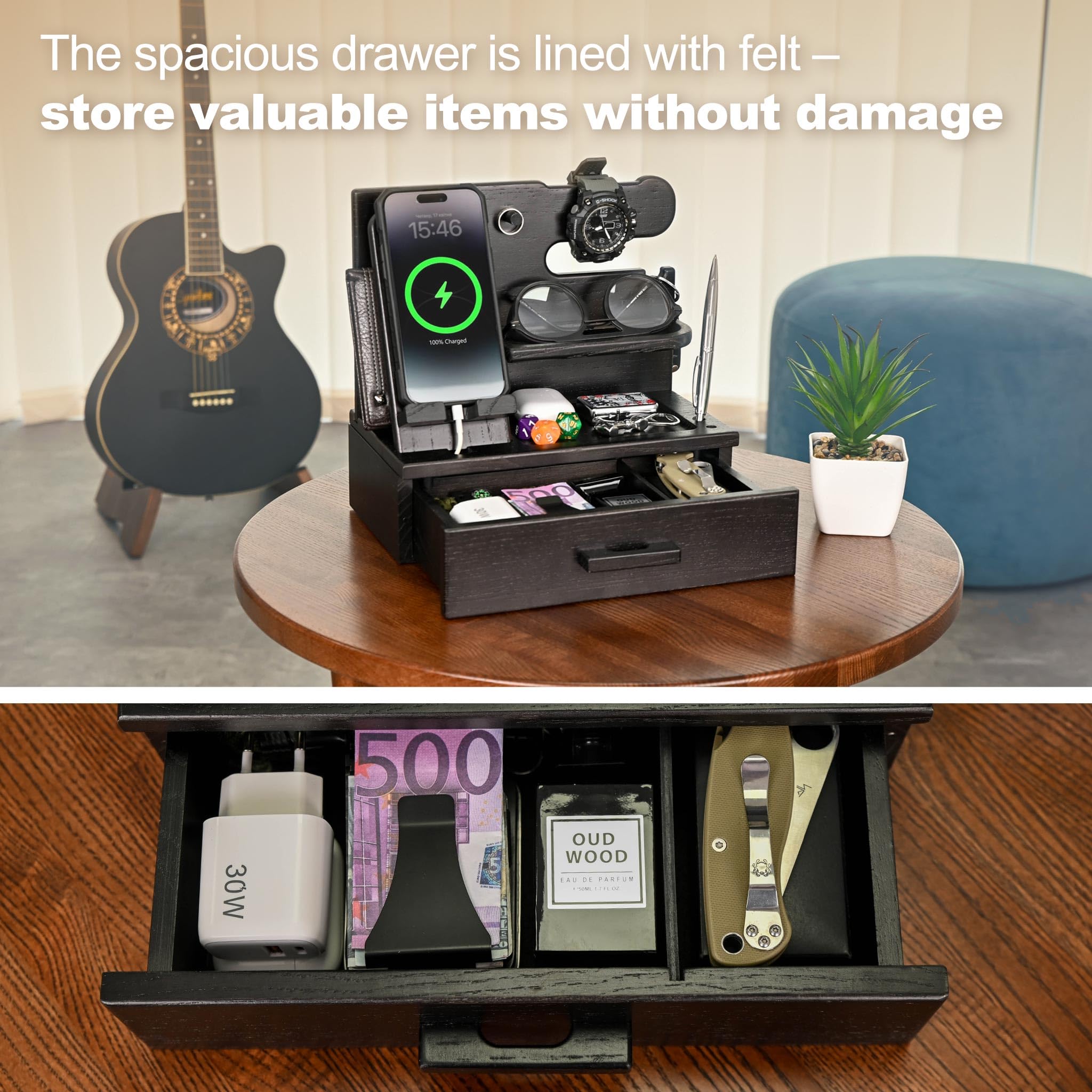 TESLYAR Docking station per telefono in legno con cassetto, organizer da comodino, organizzatore da scrivania per marito, regalo di compleanno per uomini, papà, idea di compleanno, portachiavi