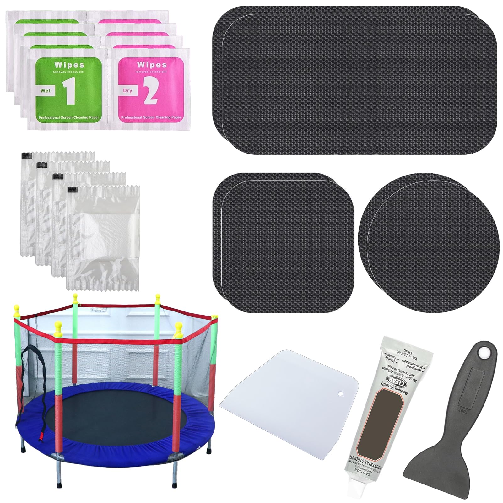 Zestaw naprawczy do trampoliny o dużej wytrzymałości: 6 samoprzylepnych łatek (2 kwadratowe + 2 prostokątne + 2 okrągłe) naprawa maty do trampoliny rozdarcia lub otworu w szybkiej naprawie maty