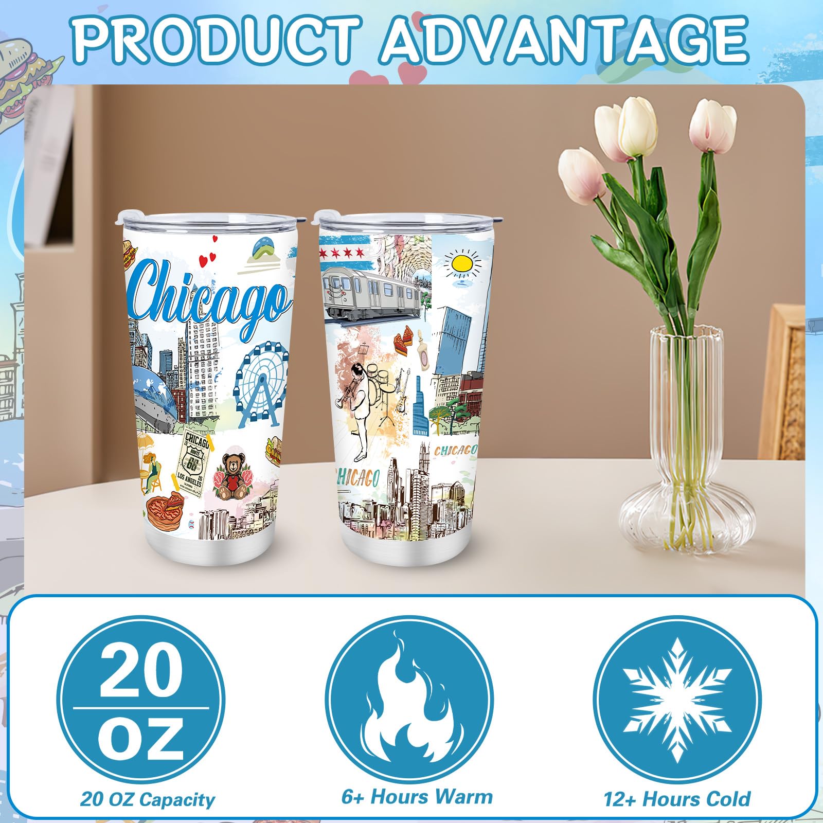 Keluna Chicago Souvenirs Gifts Tumbler - 20Oz Stainless Steel Chicago Travel Mug with Lids Straw Brush Insulated, City Travel Trip Birthday Christmas Mother's Day Gifts for Friends Familes Coworkers