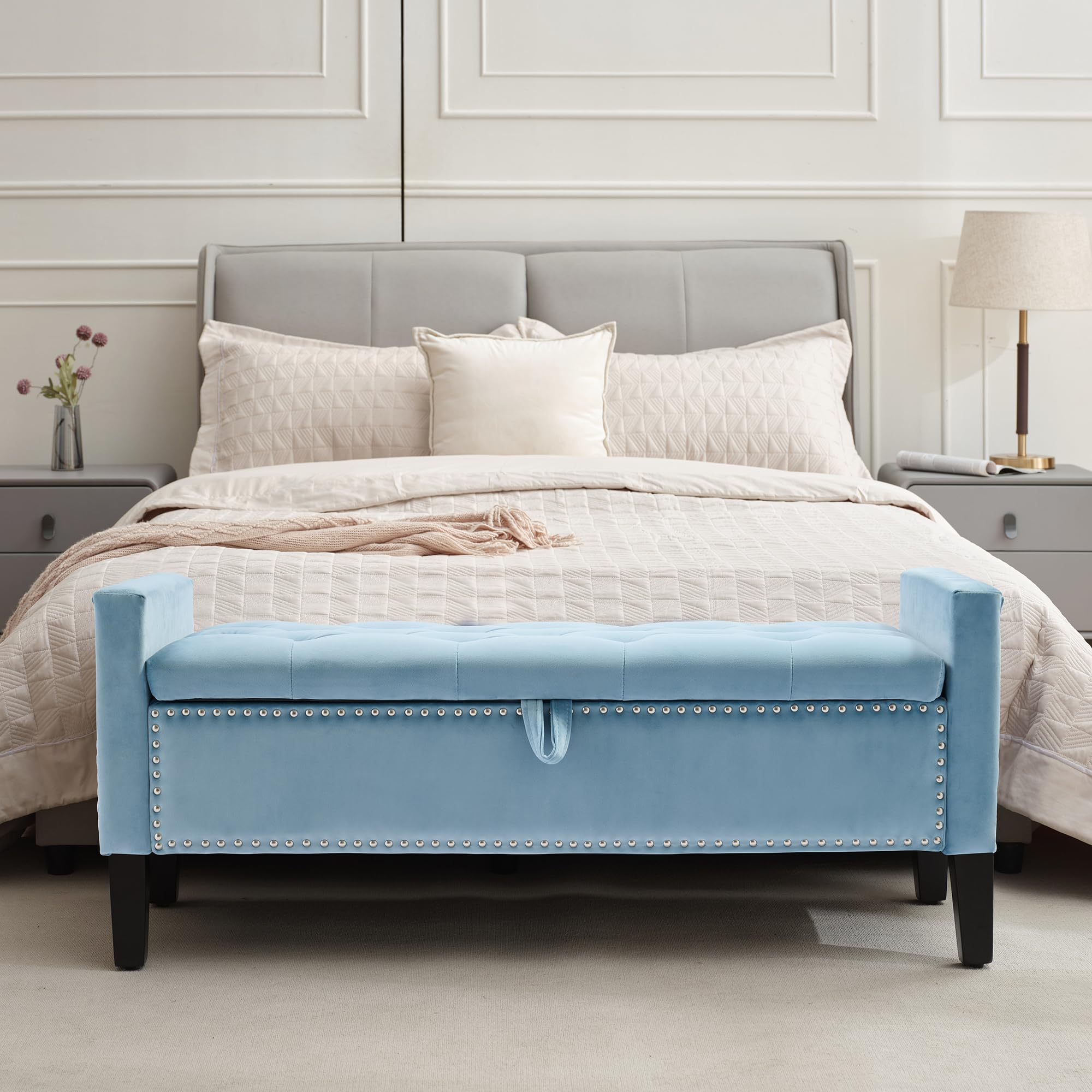 Creek Vista Velvet Storage Ottoman Bench, 45'' Upholstered Button Tufted End of Bed Bench, Modern Entryway Ottoman Bench with Arms, Light Blue