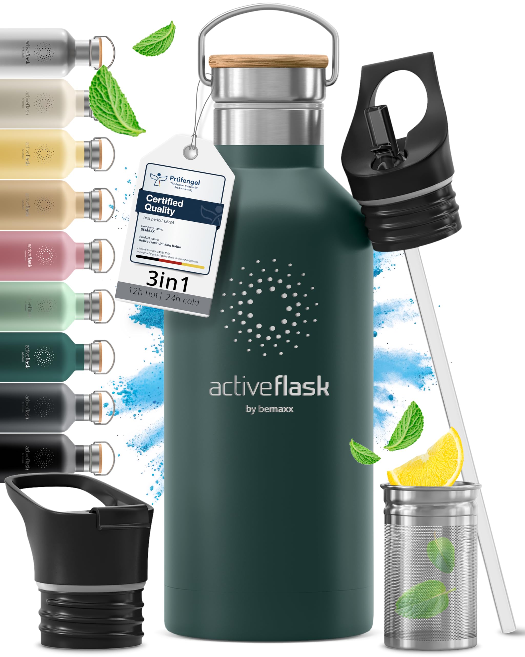 Trinkflasche Edelstahl mit Strohhalm, Infuser + 3 Deckel: BPA-frei, Auslaufsicher, Kohlensäure geeignet - Wasserflasche Fahrrad Thermosflasche Isoliert Isolierflasche Sport Wasser Flasche Kinder Tee