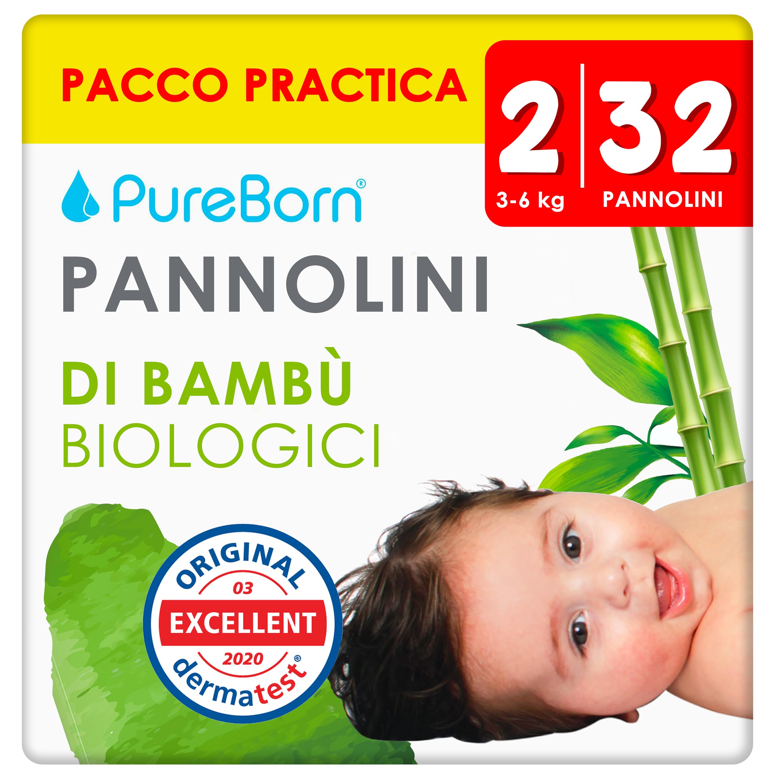 PureBorn Pañales Bebé Ecológicos de Bambú, Talla 2 (3-6 kg), 64 piezas, Hipoalergénicos, Ultrasuaves, Estampado Surtido