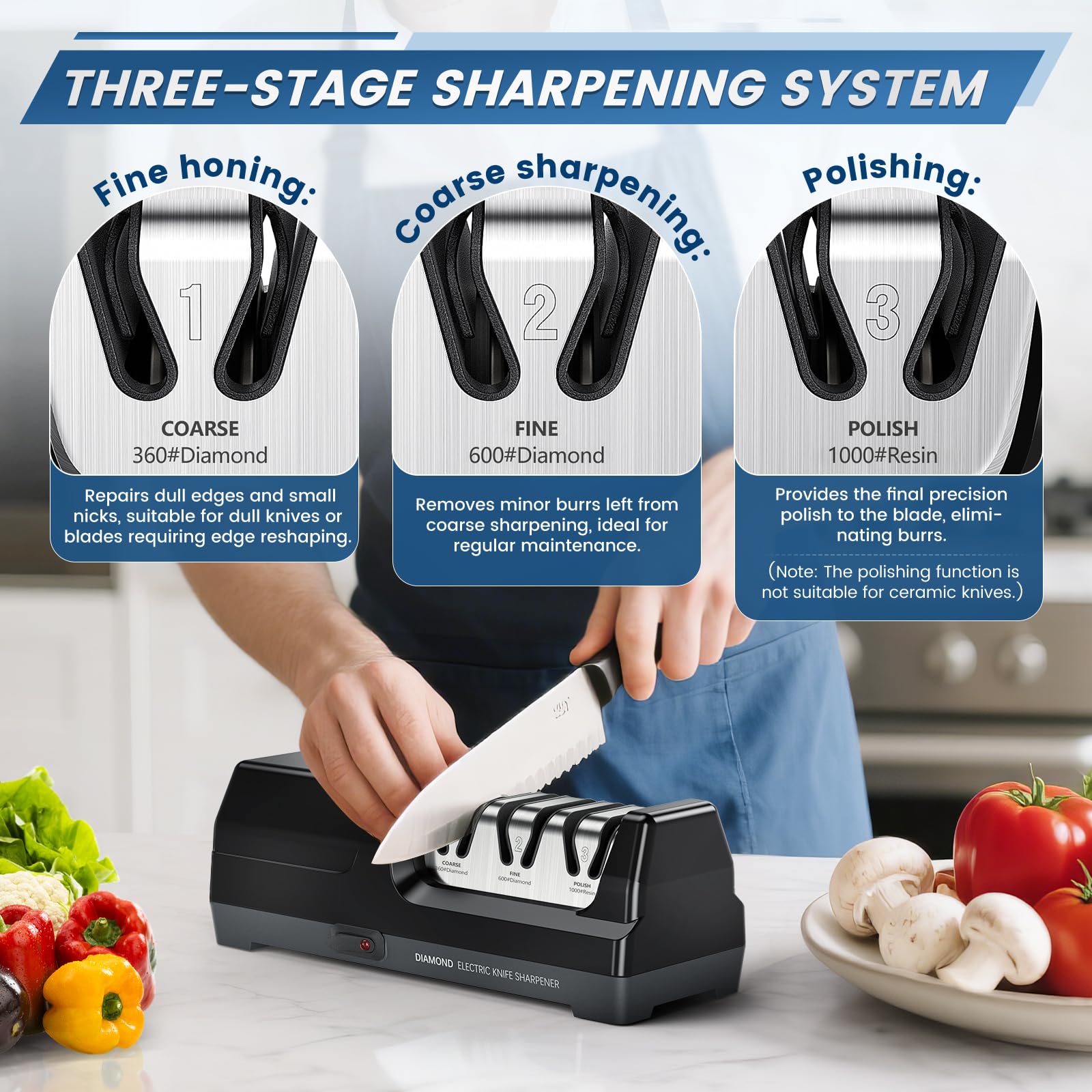 Affilacoltelli elettrico con diamante al 100%, affilacoltelli da cucina professionale a 3 livelli, 20 gradi, con guida angolare di precisione per sciliare, riparazione (Nero)
