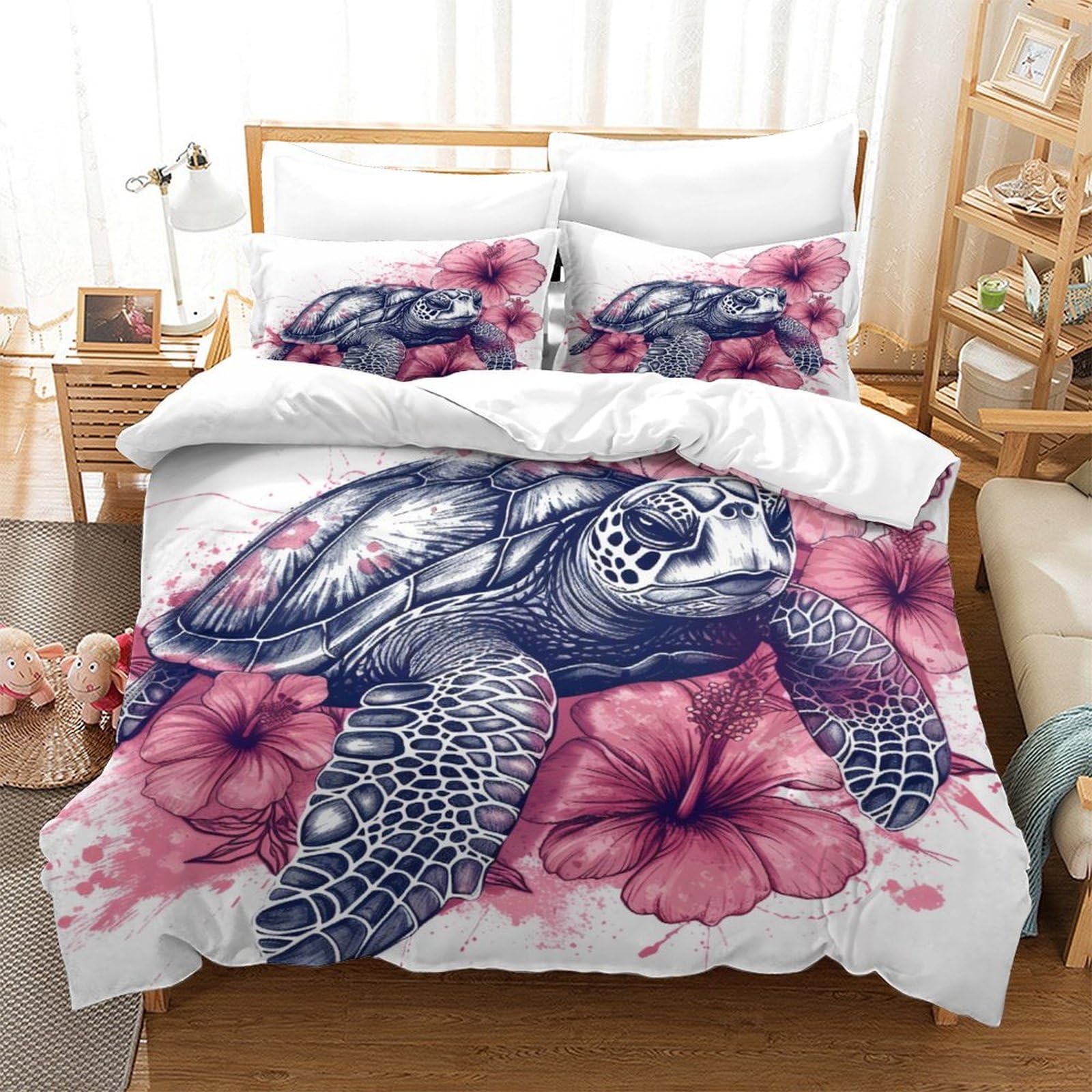 P1S9U7W5Y 3D Printed Turtle Floral Style Duvet Cover Set 3pcs Microfiber Turtle Floral Bedding Set King（220x240cm）