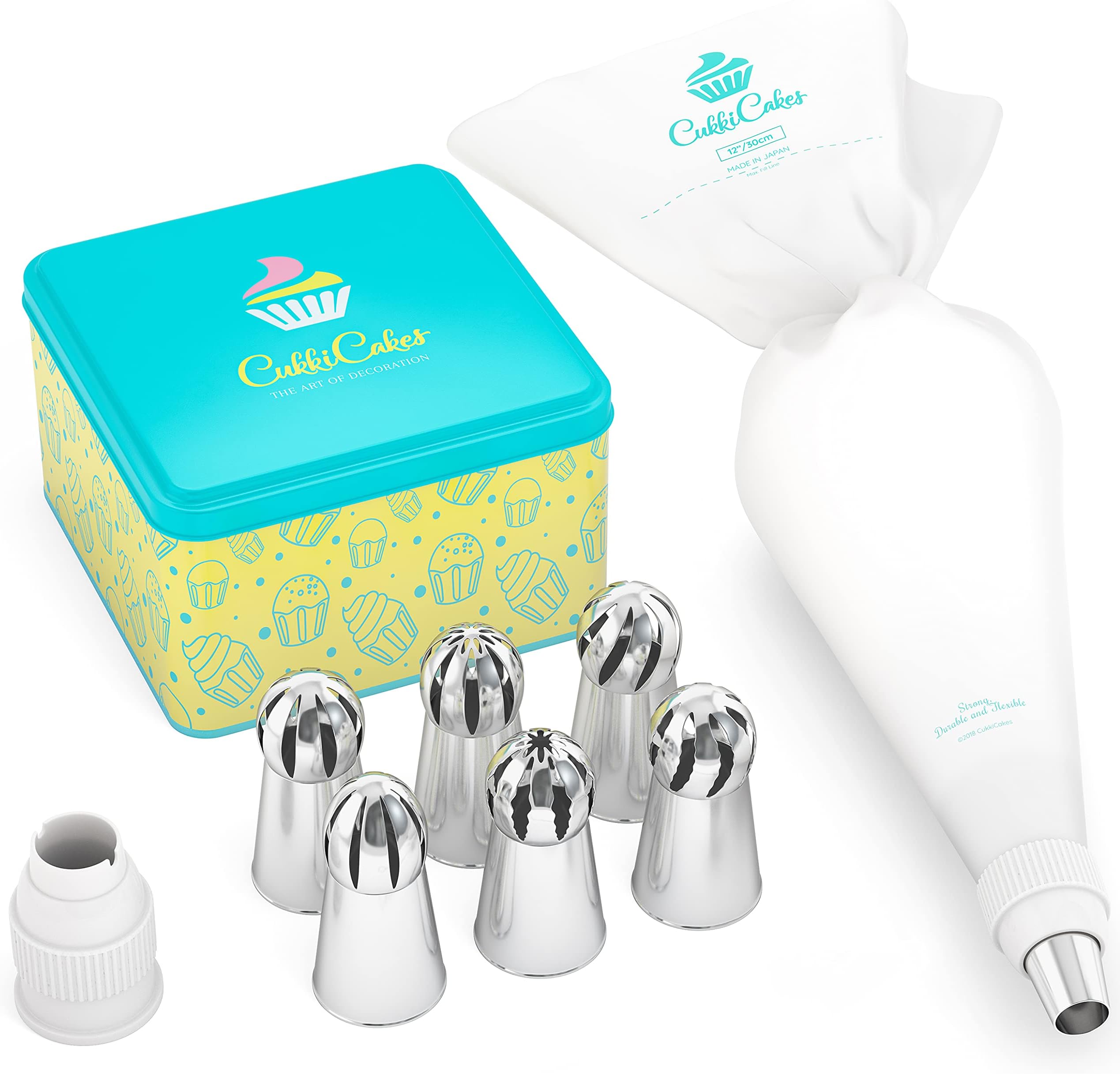 CukkiCakes Reusable Piping Bag with 6 Large Russian Nozzles Set (8 Pieces) - Professional, BPA Free, Dishwasher Safe - Ideal for Cake & Cupcake Decorating
