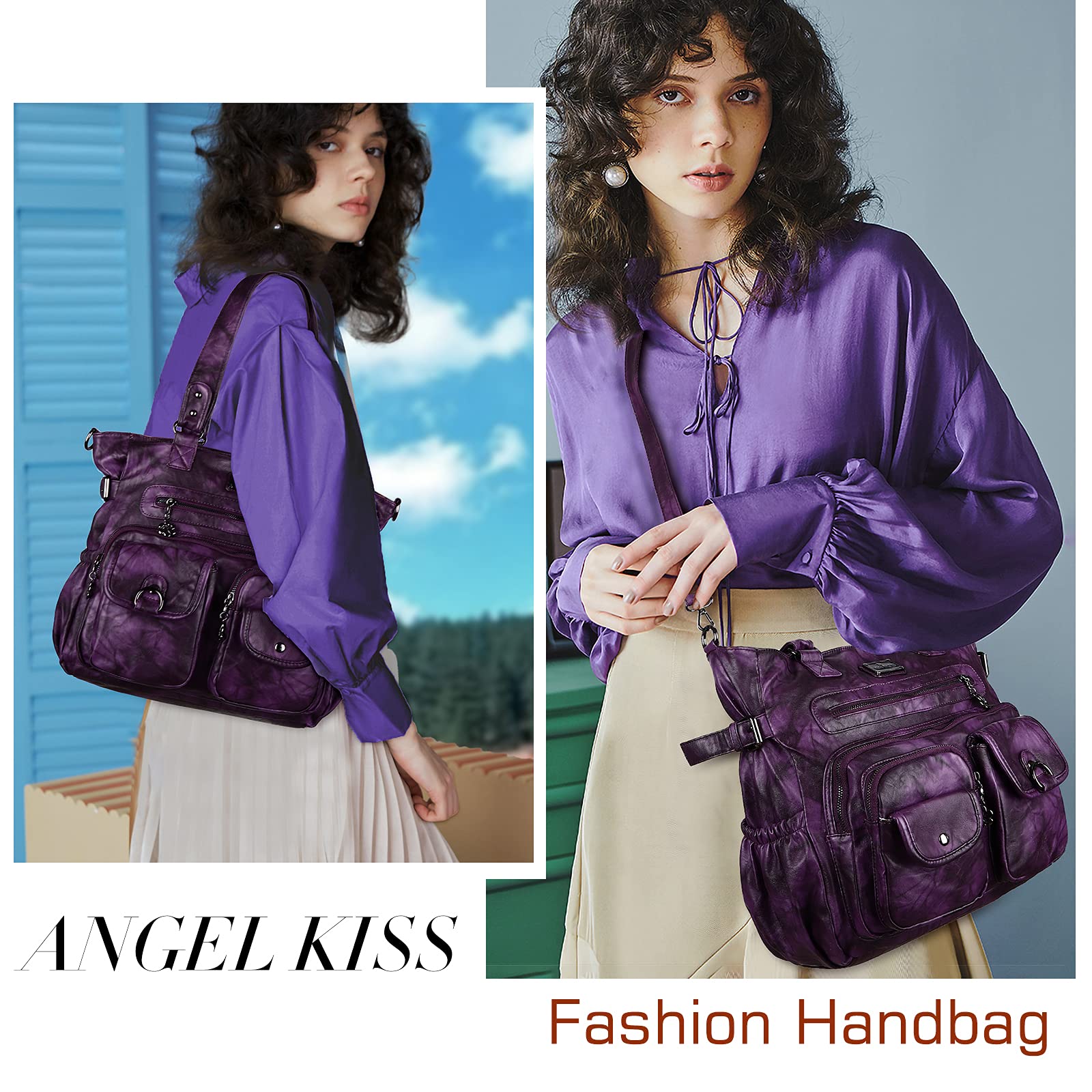 Angelkiss - Bolsos y bolsos de mano para mujer, de piel suave, bolso de hombro para mujer, Morado oscuro5, XX