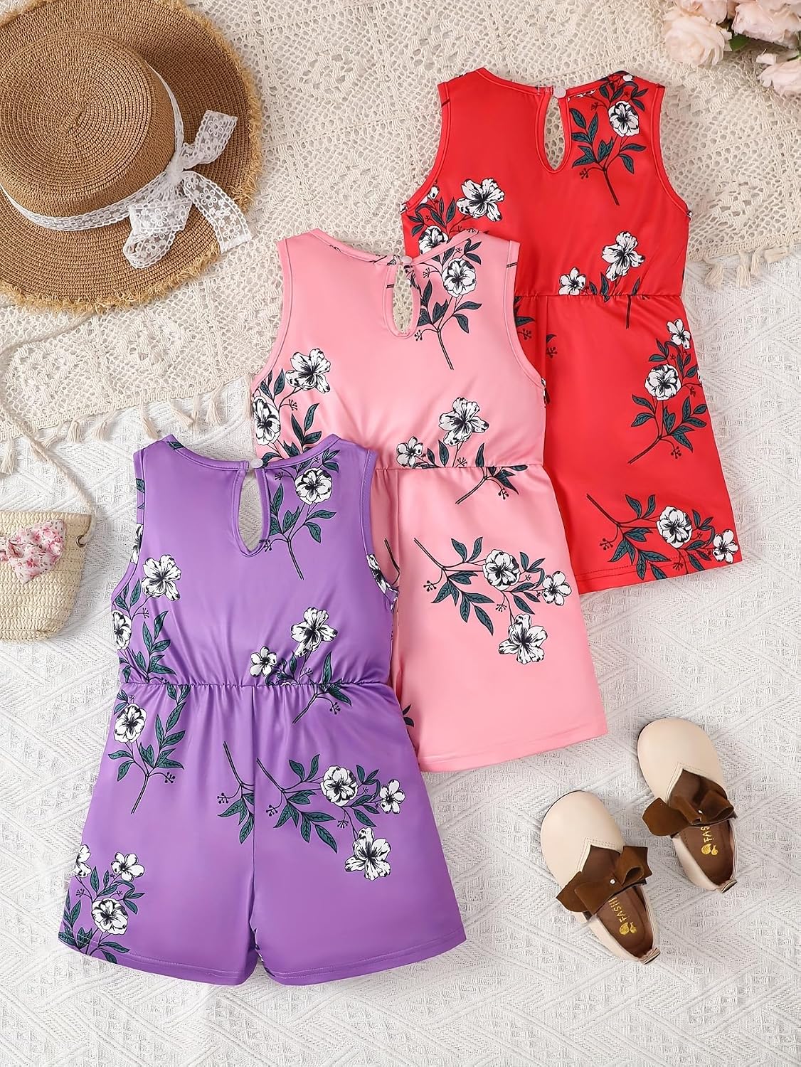 Girls Jumpsuit 3 Packs Floral Print Rompers Little Girls Elastic Waist Sleeveless Jumpsuits for Kids 4-12 Years