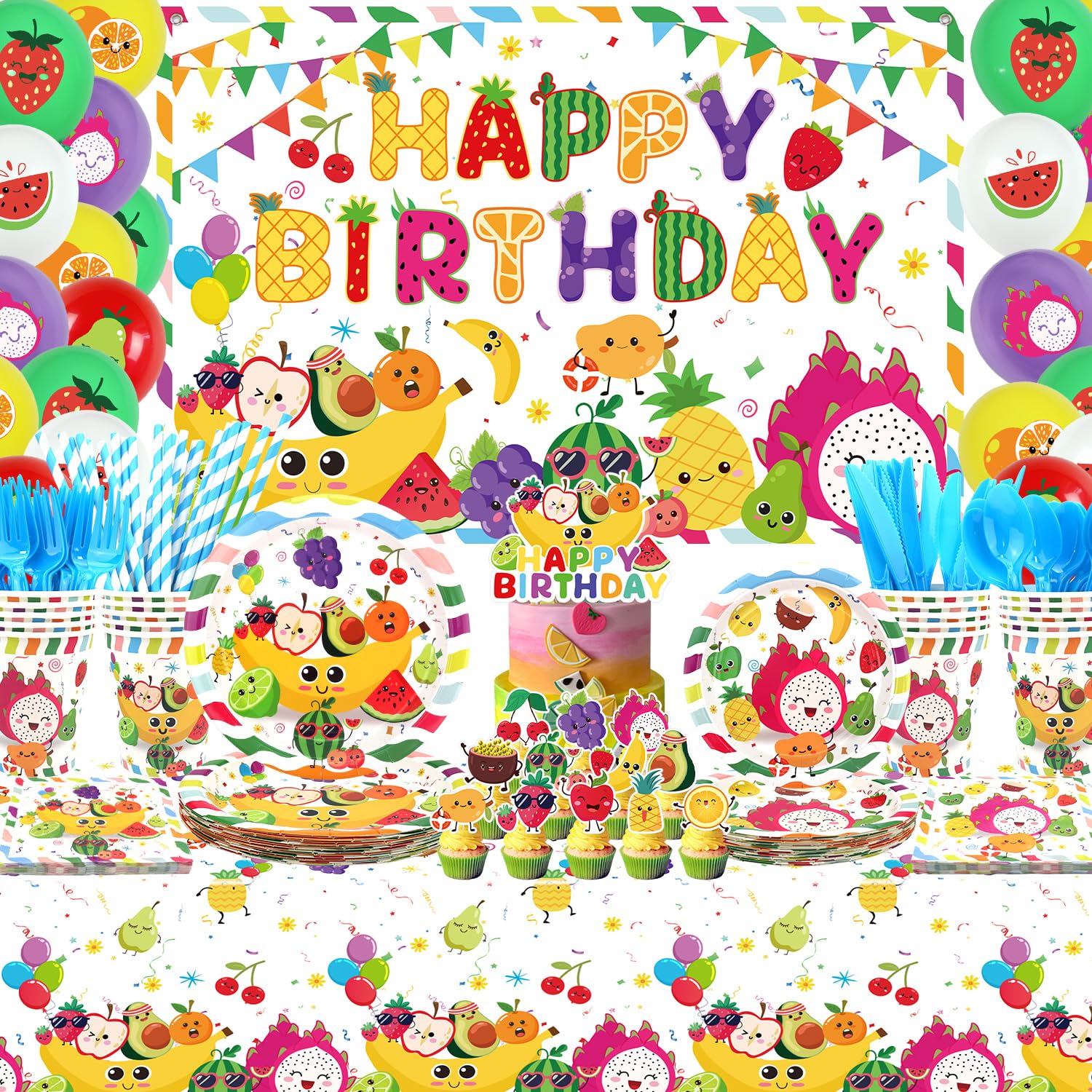 Fruit Party Supplies, Including Happy Birthday Party Backdrop, Plates, Cupcake Toppers, Napkins, Cups, Tablecloths, for Dancing Fruit Theme 1st