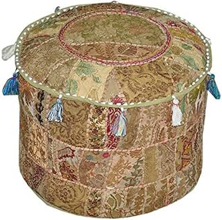 Marusthali Indian Vintage Ottoman Embellished With Embroidery & Patchwork Foot Stool Floor Cushion (22 Inches, Beige-1)