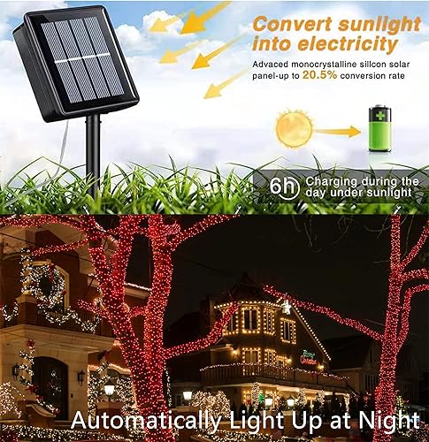 Miniatura 6 de QITONG Paquete de 2 luces solares rojas cadena de luces solares para exteriores impermeables de 33 pies 100 LED 8 modos de alambre plateado luces