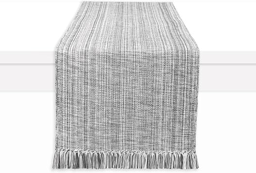 PurpleEssences Chambray Table Runner with Fringes - 100% Cotton, 13x72 Inch - Rustic Farmhouse Table Decor, Reusable, Machine Washable for Dining Tables - Spring Easter Summer - Mineral Gray & H.White