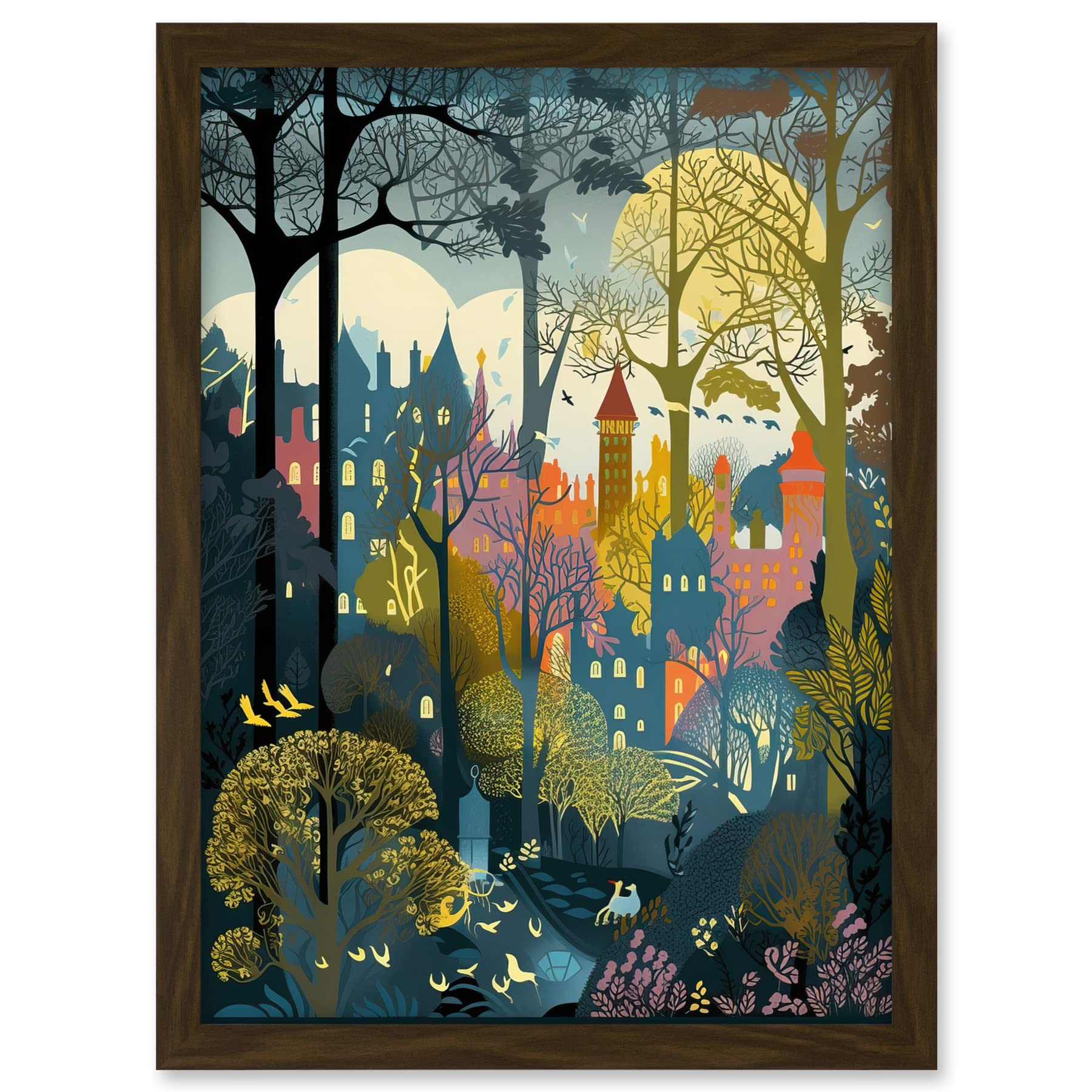 Artery8 Village Through Sherwood Forest Tree Landscape Artwork Framed A3 Wall Art Print