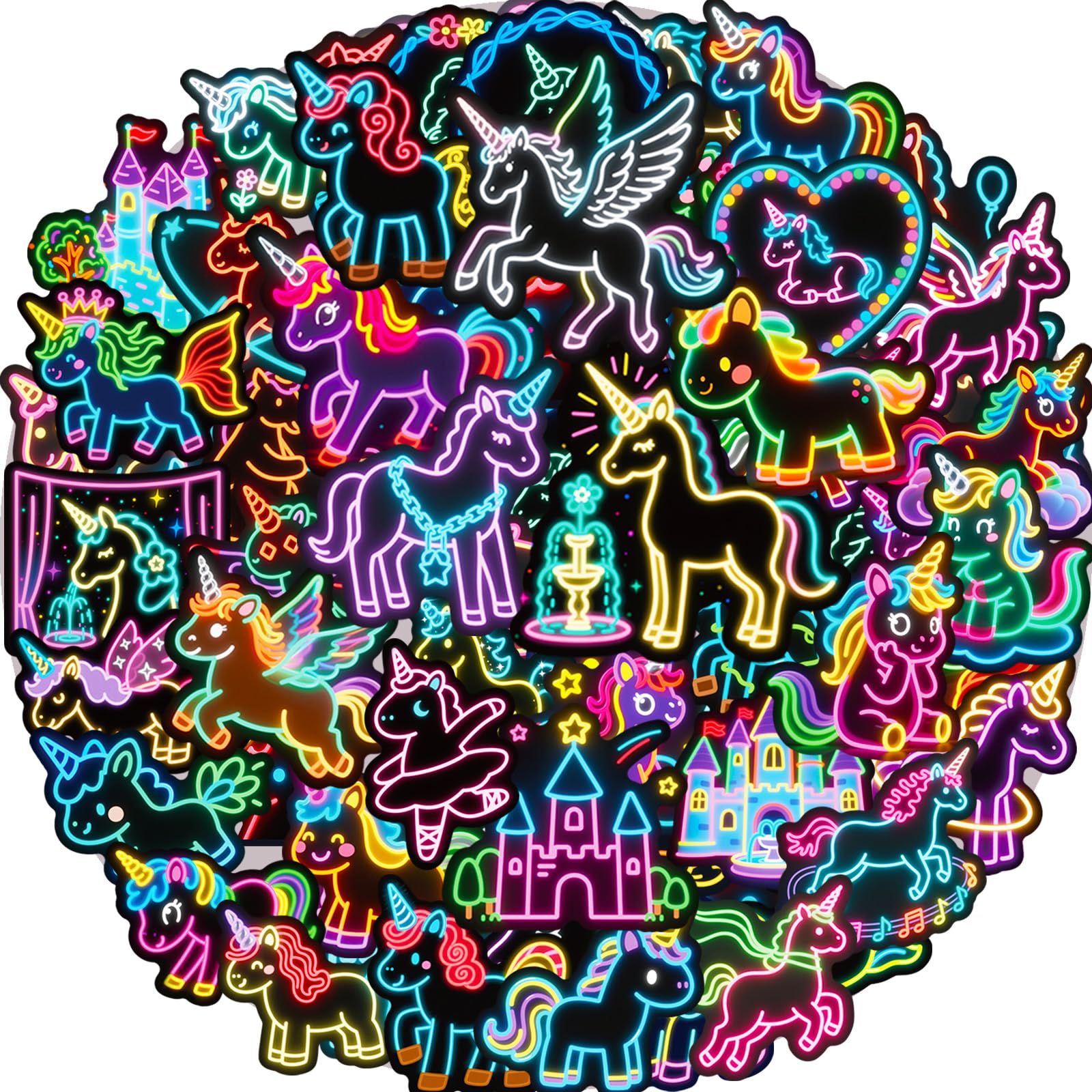 Unicorn Stickers 56 Pcs Cool Neon Unicorn Sticker Pack, Prizes for Kids Classroom, Waterproof Vinyl Stickers for Water Bottles, Scrapbook, Journal, Skateboard, Laptop, Notesbook, Luggage, Tumbler etc