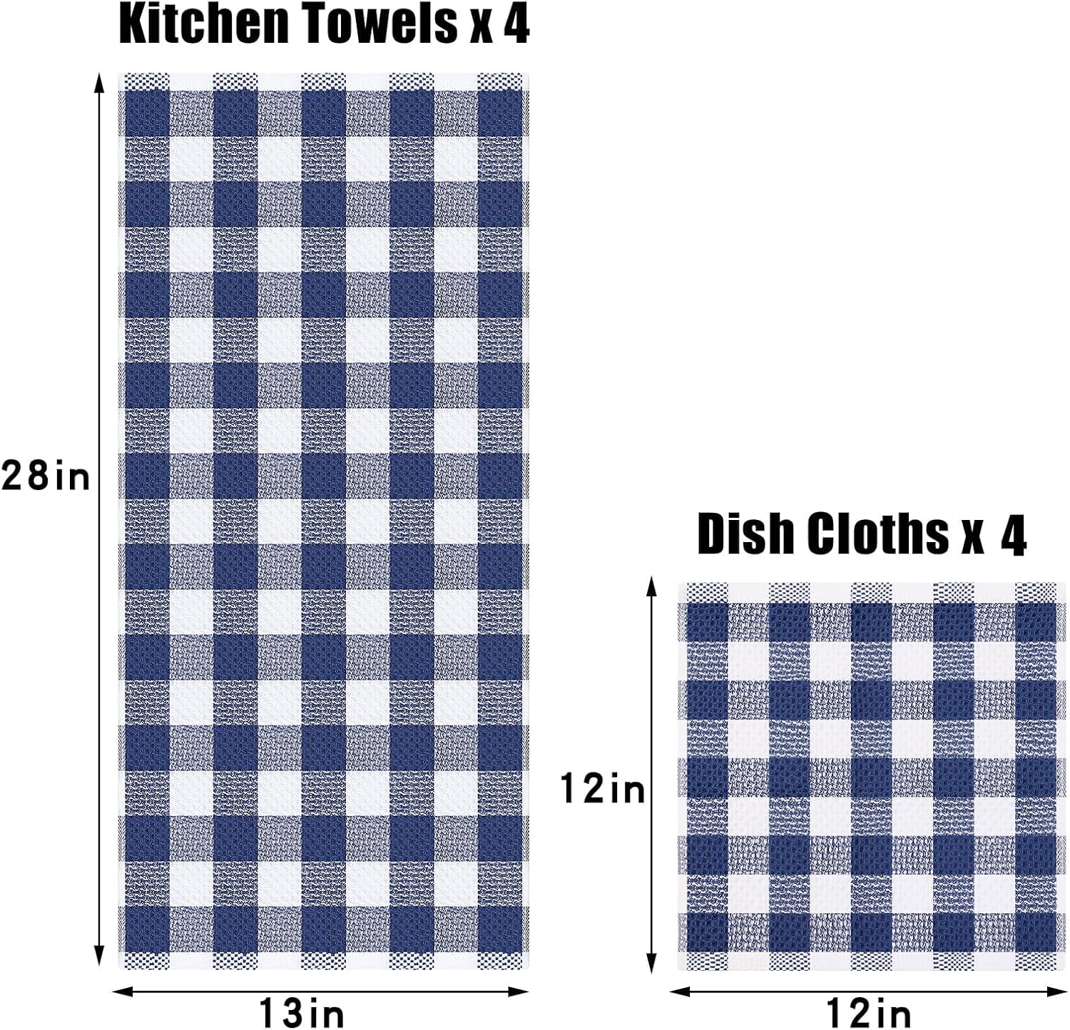 homing Buffalo Plaid Kitchen Towels and Dishcloths Set, 12" x 12" and 13" x 28", Set of 8 Bulk Cotton Waffle Weave Dish Towels, Super Soft Absorbent Hand Towels for Kitchen, Blue & White - Image 5