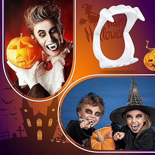Miniatura 7 de Hungdao 50 colmillos de dientes de plástico de vampiro, colmillos falsos blancos de Halloween, máscara de hombre lobo, con 100 piezas de ojos de