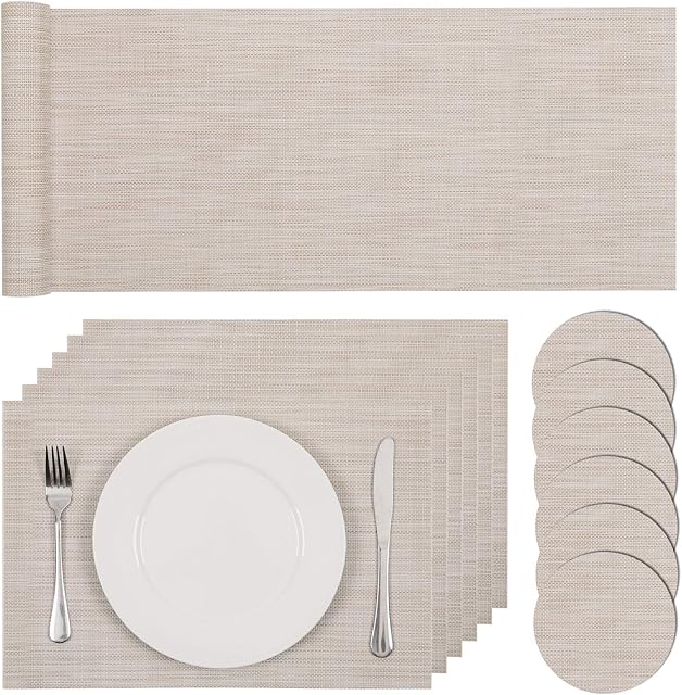 Pauwer PVC Table Placemats Set of 6 and Coasters with Non Slip Kitchen Table Runner Heat Resistant Washable Table Place Mats Set for Hotel Wedding Party (Beige)