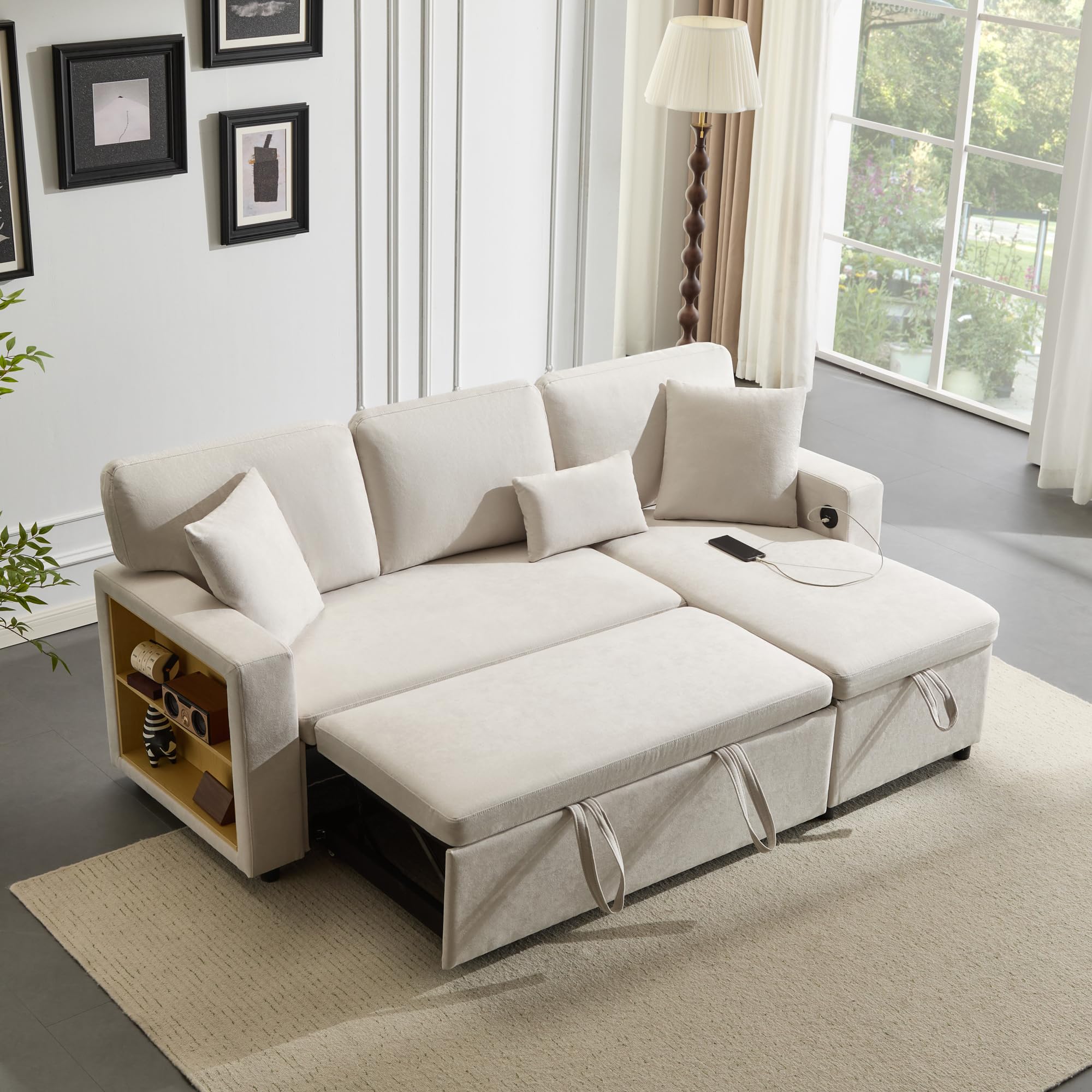 Divano angolare con funzione letto, divano letto a forma di L, allungabile con contenitore, pouf flessibile intercambiabile, divano a 3 posti con ottomana per soggiorno, beige (beige1, 3