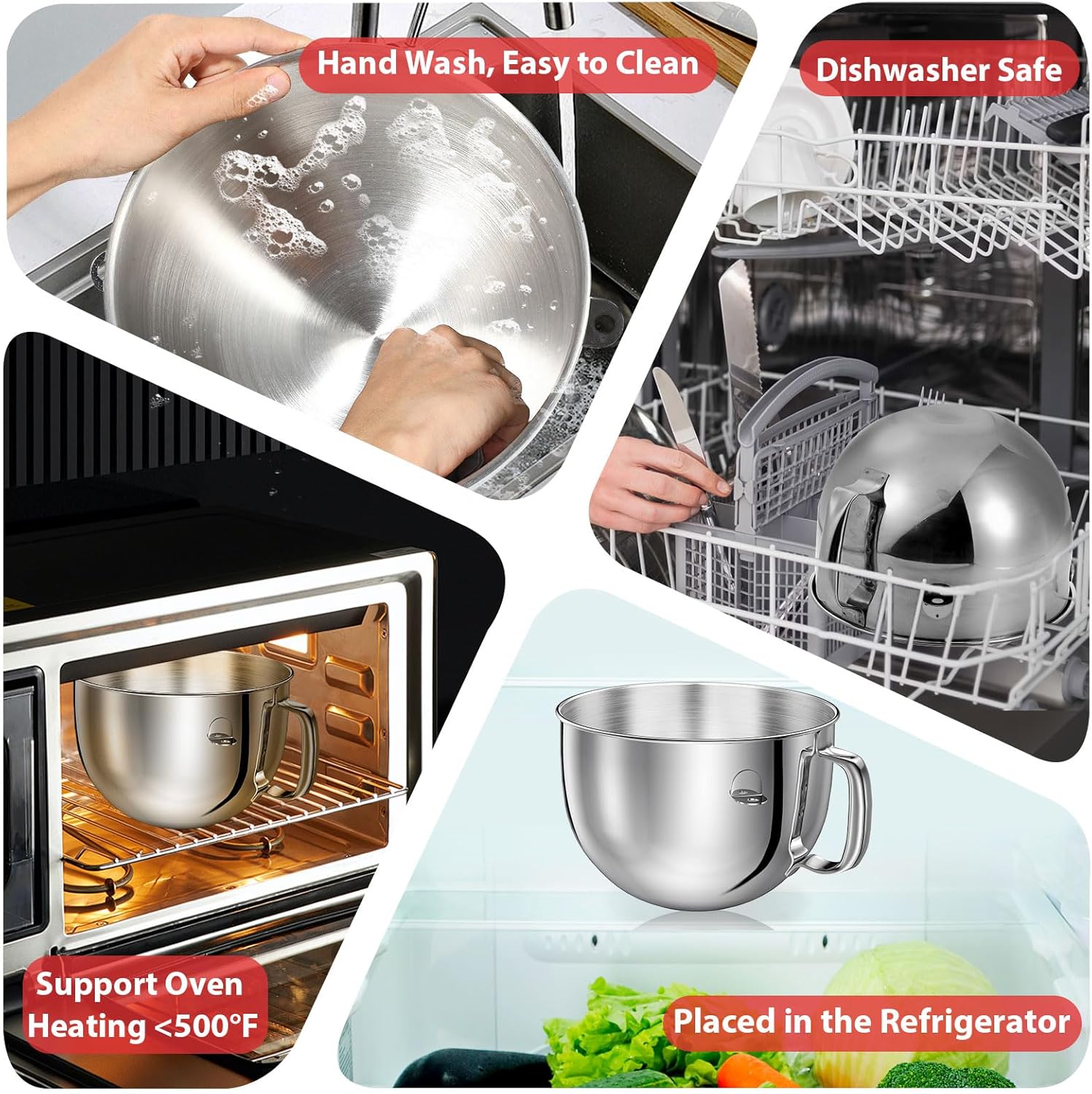 6QT Stainless Steel Bowl and Bowl Lid Covers for Kitchenaid Stand Mixers, Kitchen Aid Mixing Replacement attachment for 6QT Lift Mixer with Handle, Dishwasher safe.