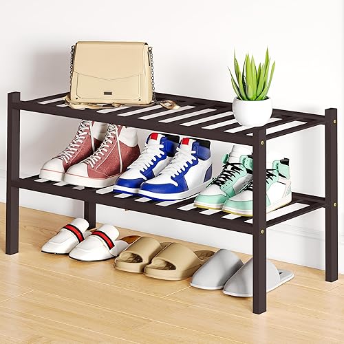 Miniatura 146 de Smiry Estante para zapatos, organizador de zapatos de bambú de 2 niveles, estante de almacenamiento de zapatos de madera apilable independiente para